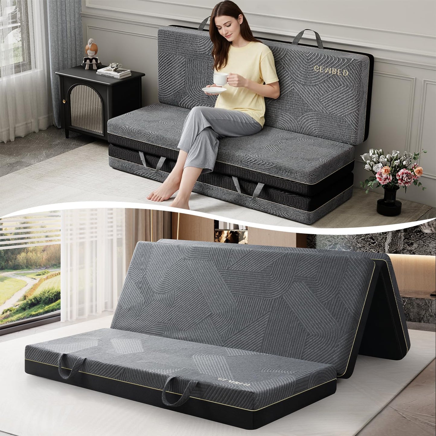 GEMBED Tri Folding Mattress Twin Size - Memory Foam Tri-fold Mattress, Handle & Non-Slip Bottom, Portable Foldable Sofa Bed Floor Chair for Travel RV Camping Guest Yoga - 4 Inch, 75" 38"x4"