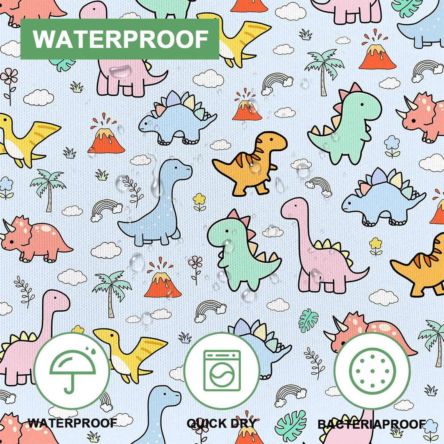 Pyrence Cartoon Dinosaur Shower Curtain, Funny Kids Theme Dino Shower Curtains for Bathroom, Cute Rainbows Clouds Volcanoes Palm Trees Decor Polyester Fabric Shower Curtain Sets 12 Hooks 72X72 in