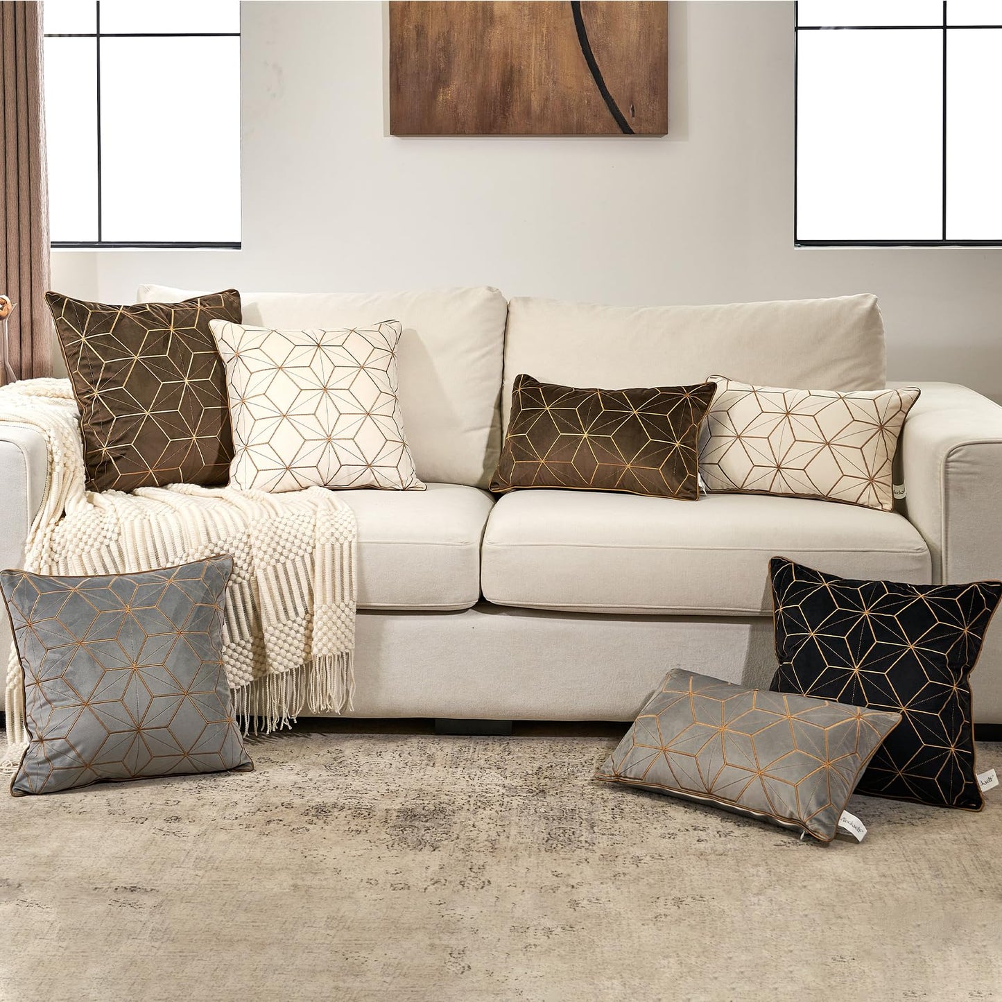 Aeckself Gray Gold Velvet Lumbar Throw Pillow Cover 12 x 20 Inch, Embroidery Rectangle Modern Plaid Accent Pillow Cover with Stitched Edge Decorative Oblong Cushion Case for Couch Living Room Bedroom