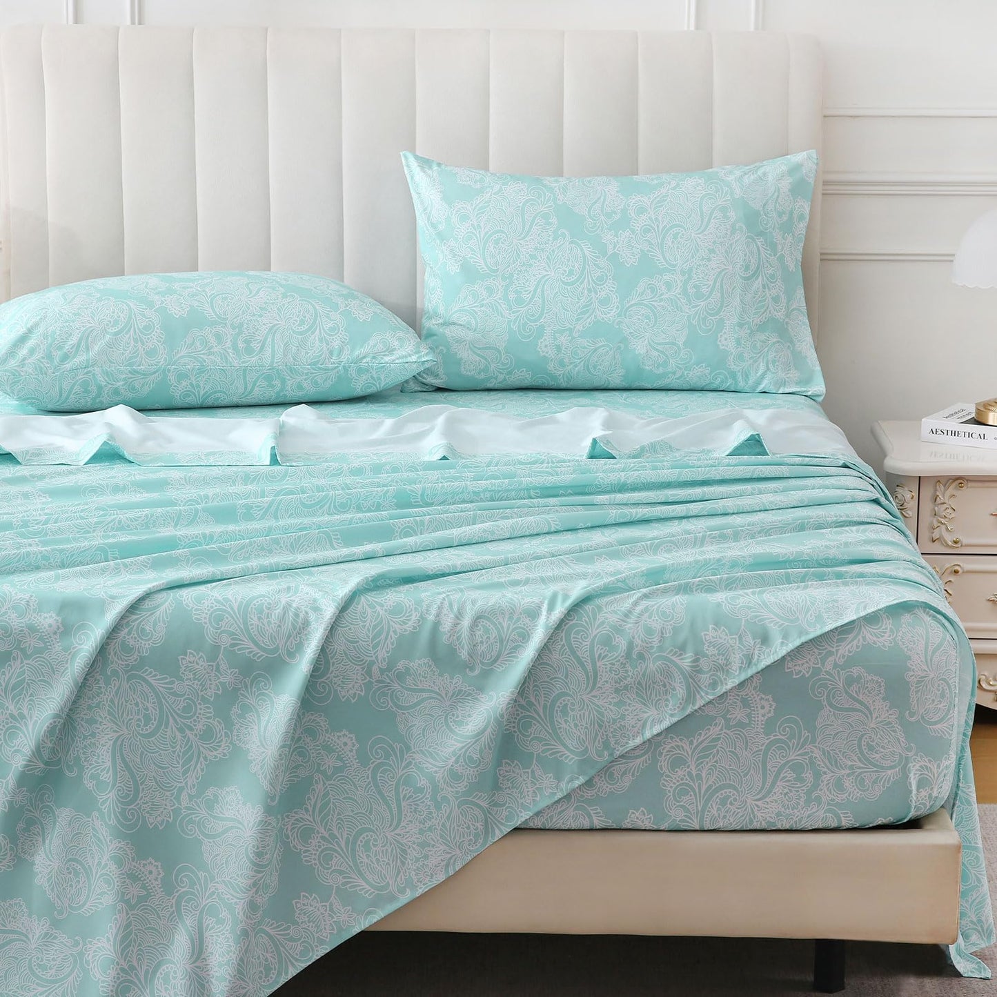 ChicView Queen Size Paisley Printed Sheet Set,4 Pieces Boho Style Breathable Soft Microfiber Bedsheets, Anti Pilling Deep Pockets Easy Care Bed Sheets, Blue