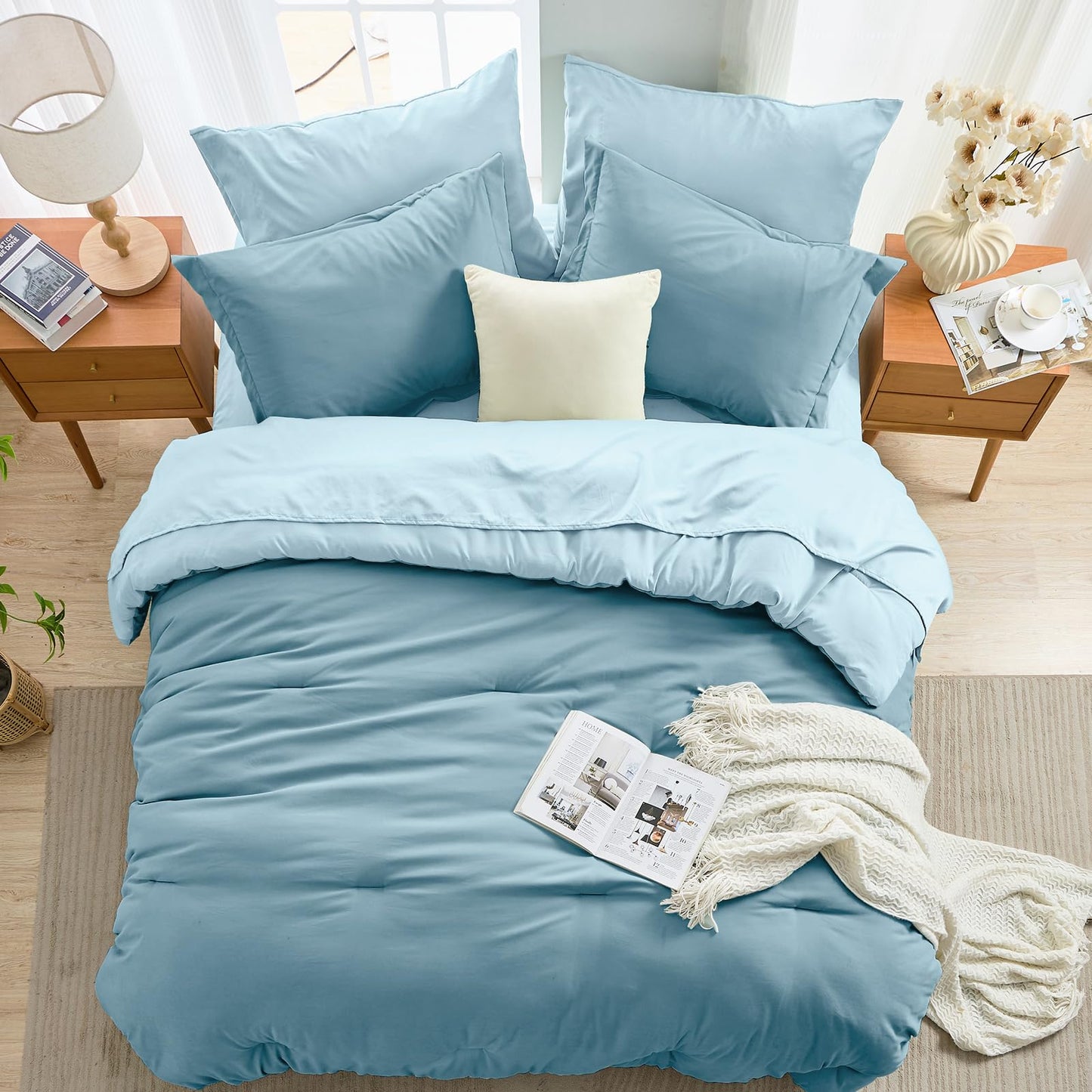MUXHOMO 7 Pieces King Comforter Set, Soft Bed in a Bag King Size, All Season Bedding Set with Comforter, Flat Sheet, Fitted Sheet, Pillowcases & Shams, Mineral Blue & Light Blue