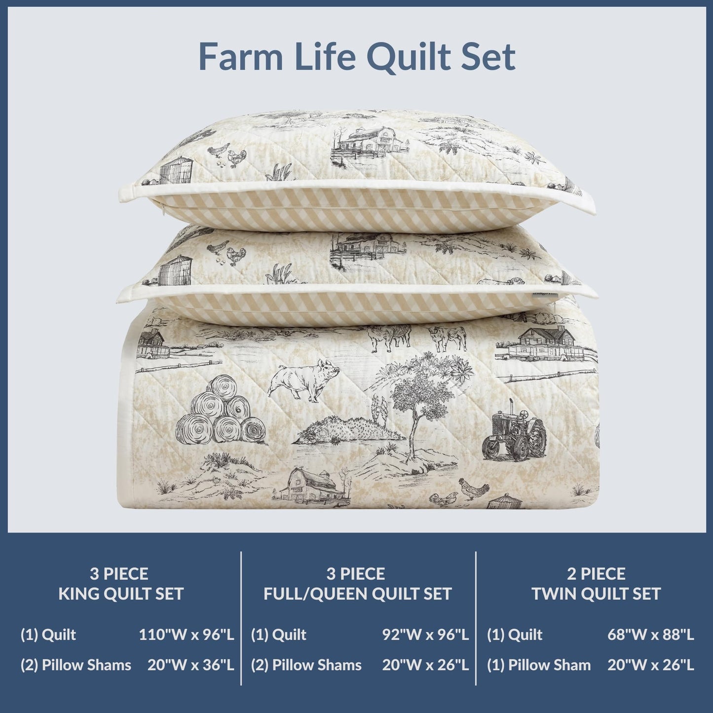 Paseo Road Indigo Hill by HiEnd Accents Farm Life 3 Piece King Size Quilt Set, Animal Farm Barn Toile Print Rustic Bedding, Cream Tan Lightweight Quilt for Farmhouse Bedding and Cabin Bedrooms