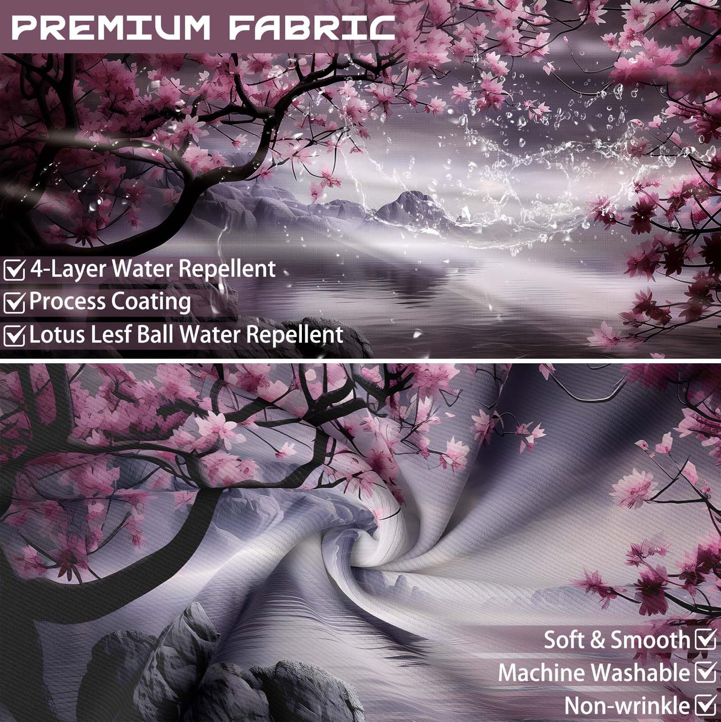 Yieldeer Japanese Cherry Blossom Shower Curtain, Purple, 70x72 inch
