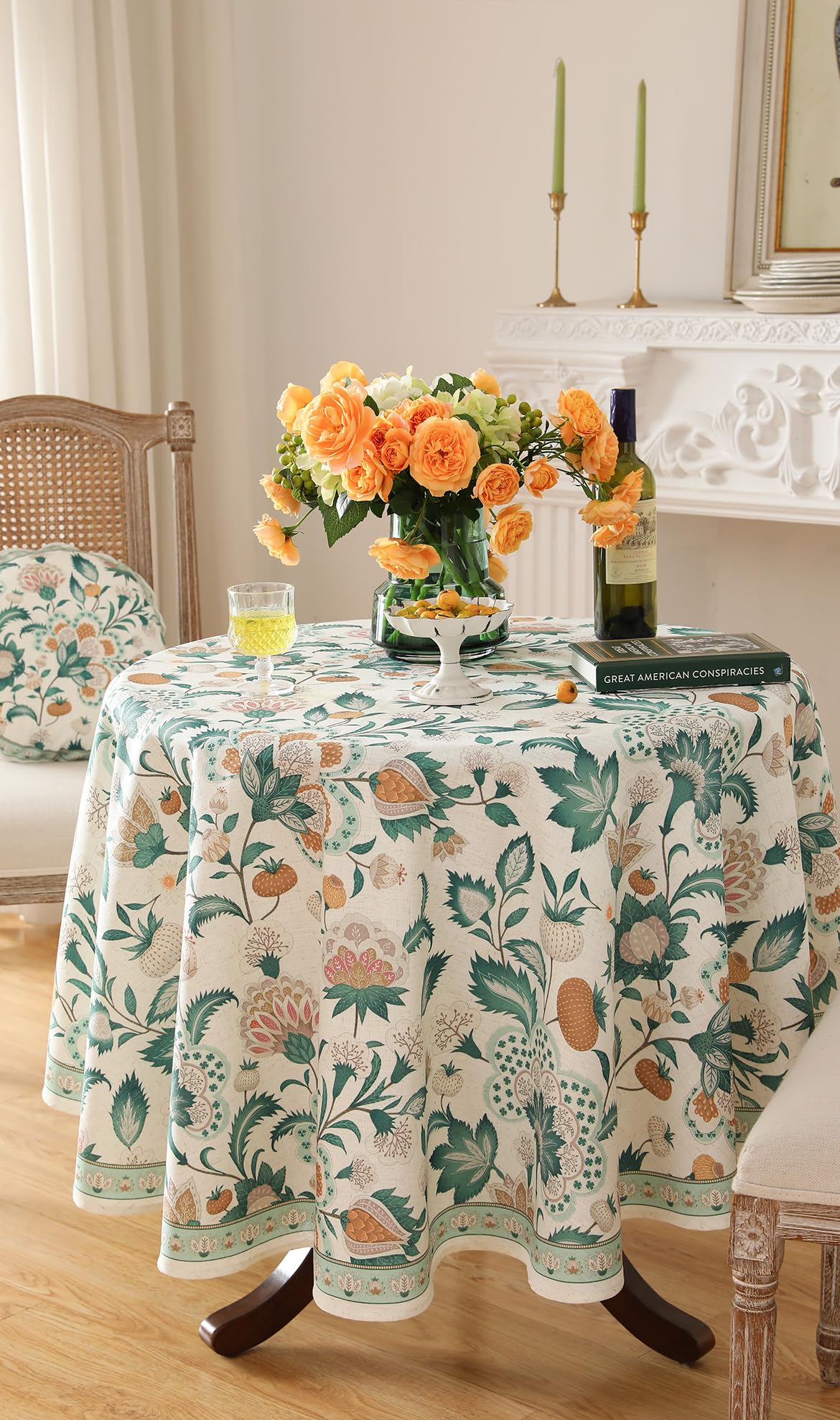 patdrea Vintage French Linen Tablecloth,Round,Diameter 55"-Tree Life