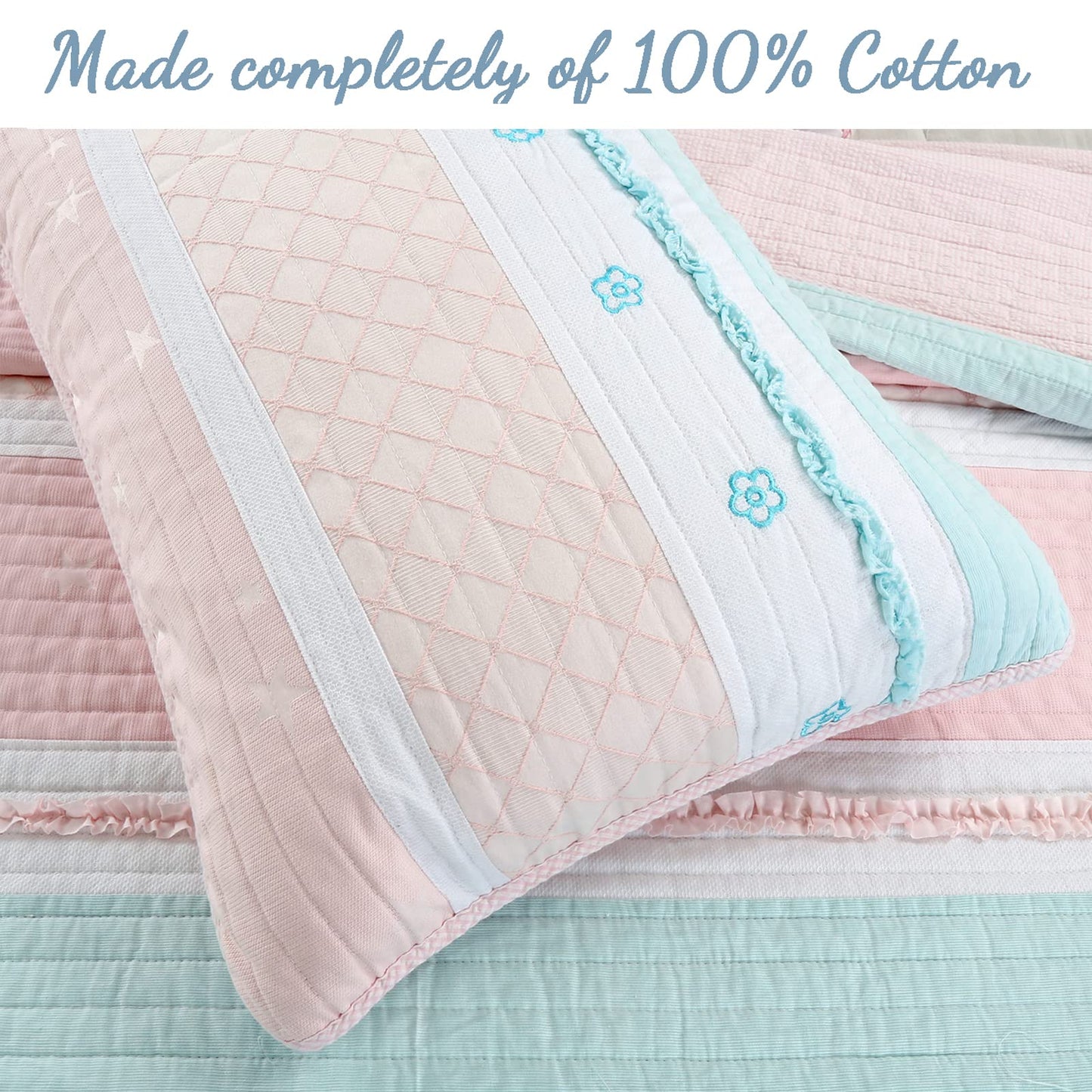 Cozy Line Home Fashions Light Pink Blue Ruffles Girl 100% Cotton Reversible Quilt Bedding Set, Coverlet, Bedspread (Candy, Twin - 2 Piece: 1 Quilt + 1 Sham)