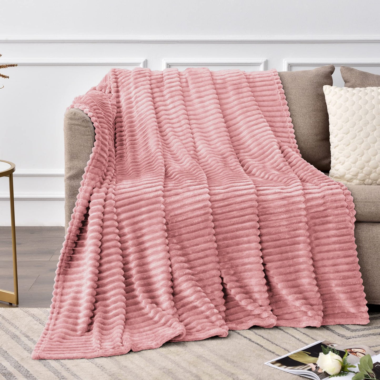 BEDELITE 2 Pieces Throw Blanket (Pink & Red, 50"x60"), Striped Fleece Blanket - Soft and Warm Decorative Fuzzy Blanket