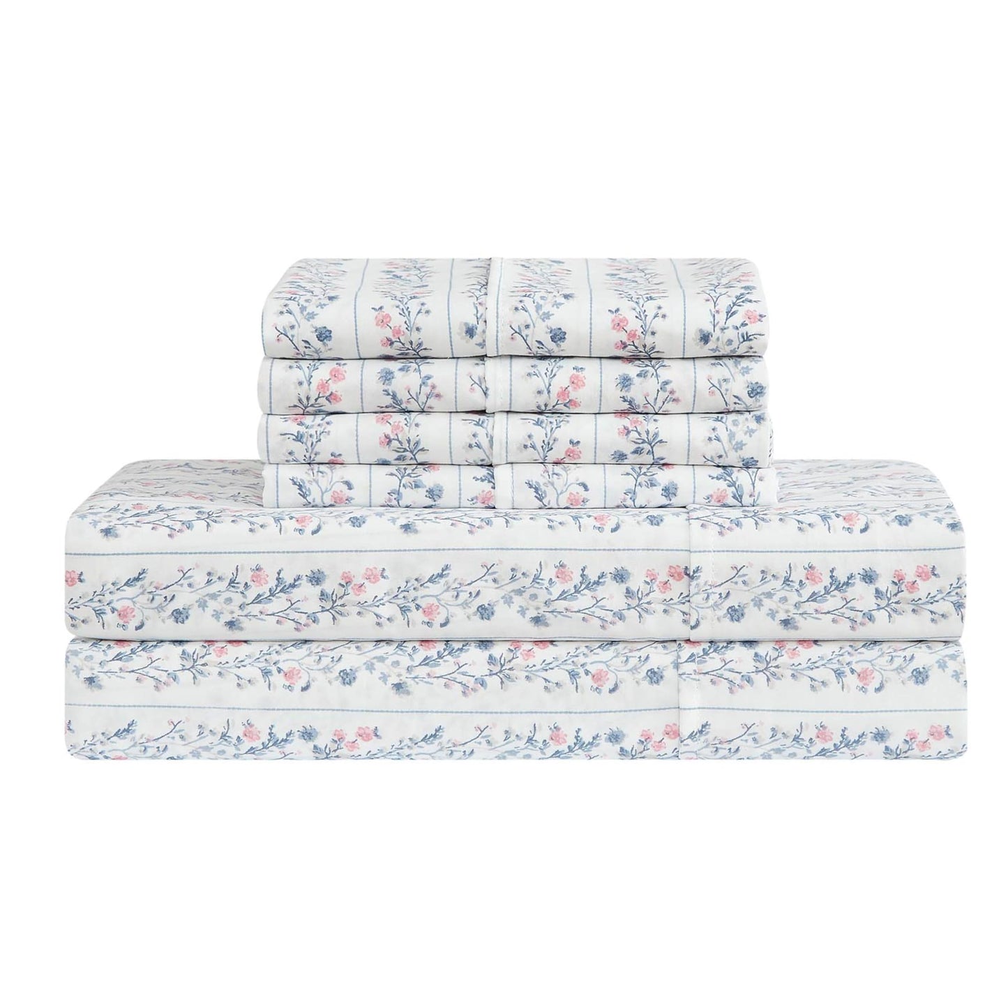 Lucky Brand Printed Microfiber 6-Piece Queen Sheet Set, Floral Stripes Blue