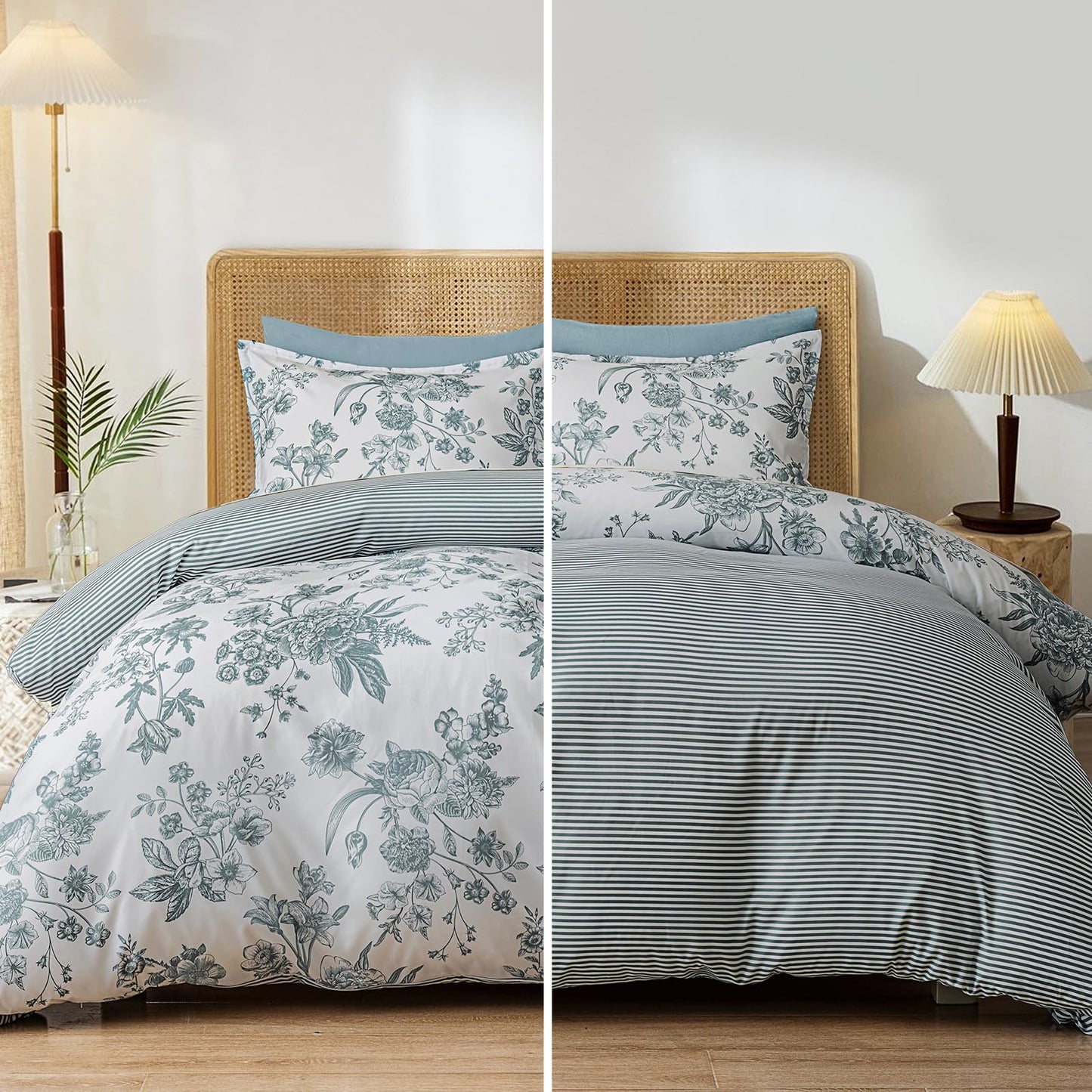 PHF Ultra Soft Floral Duvet Cover Queen Size, Printed Bedding Set 3 Pieces, Comfy Farmhouse Pattern Duvet Cover Set with 2 Pillow Shams, Zipper Closure and 8 Ties, 90"x90", Flower-Blue