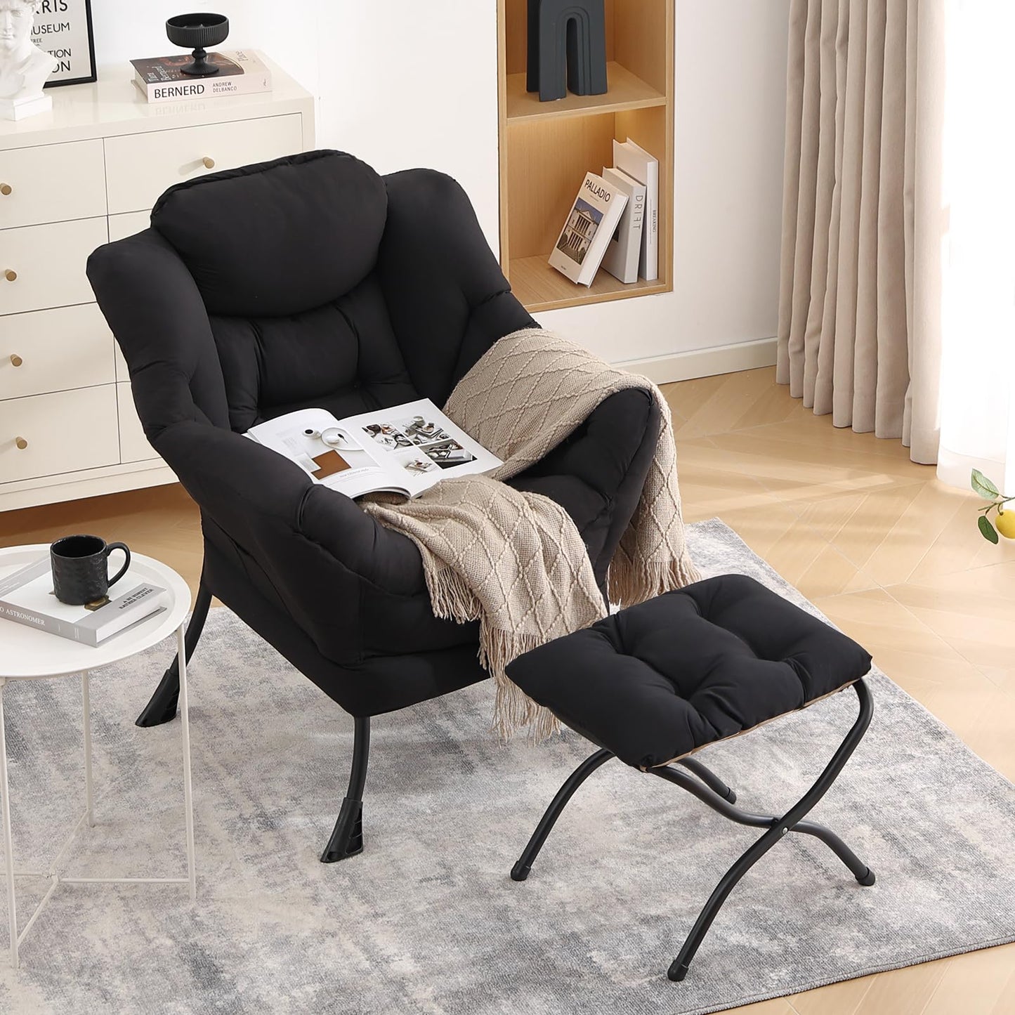 LITA Lazy Chair with Ottoman, Modern Accent Leisure Upholstered Sofa Chair, Contemporary Lounge Reading Chairs with Armrests and a Side Pocket for Living Room, Bedroom & Small Space, Black