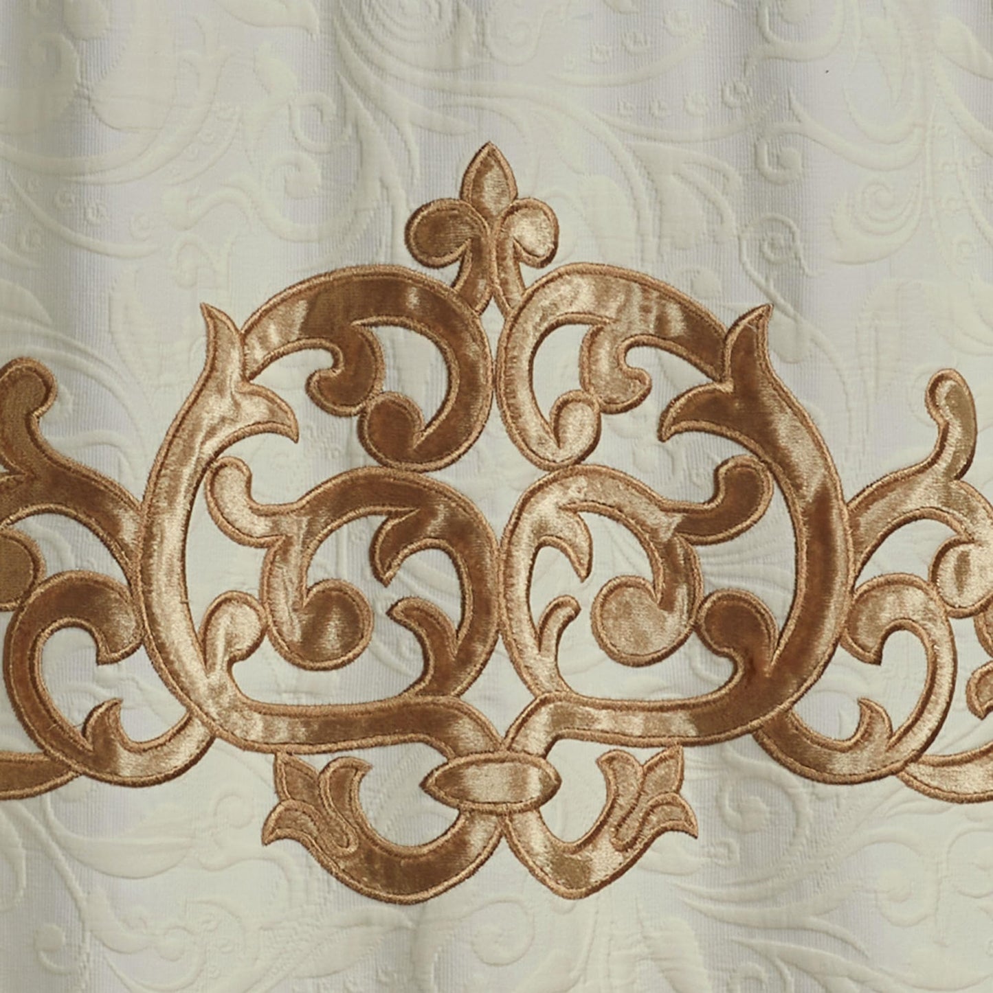 Imperial Luxury Matelasse Bedding | Velvet Golden Scrollwork Medallions | Ivory Matelasse Textured Scrolls | 4-Pc Lightweight Washable Bed Set: Oversized Queen Coverlet, Bedskirt, & 2 Standard Shams