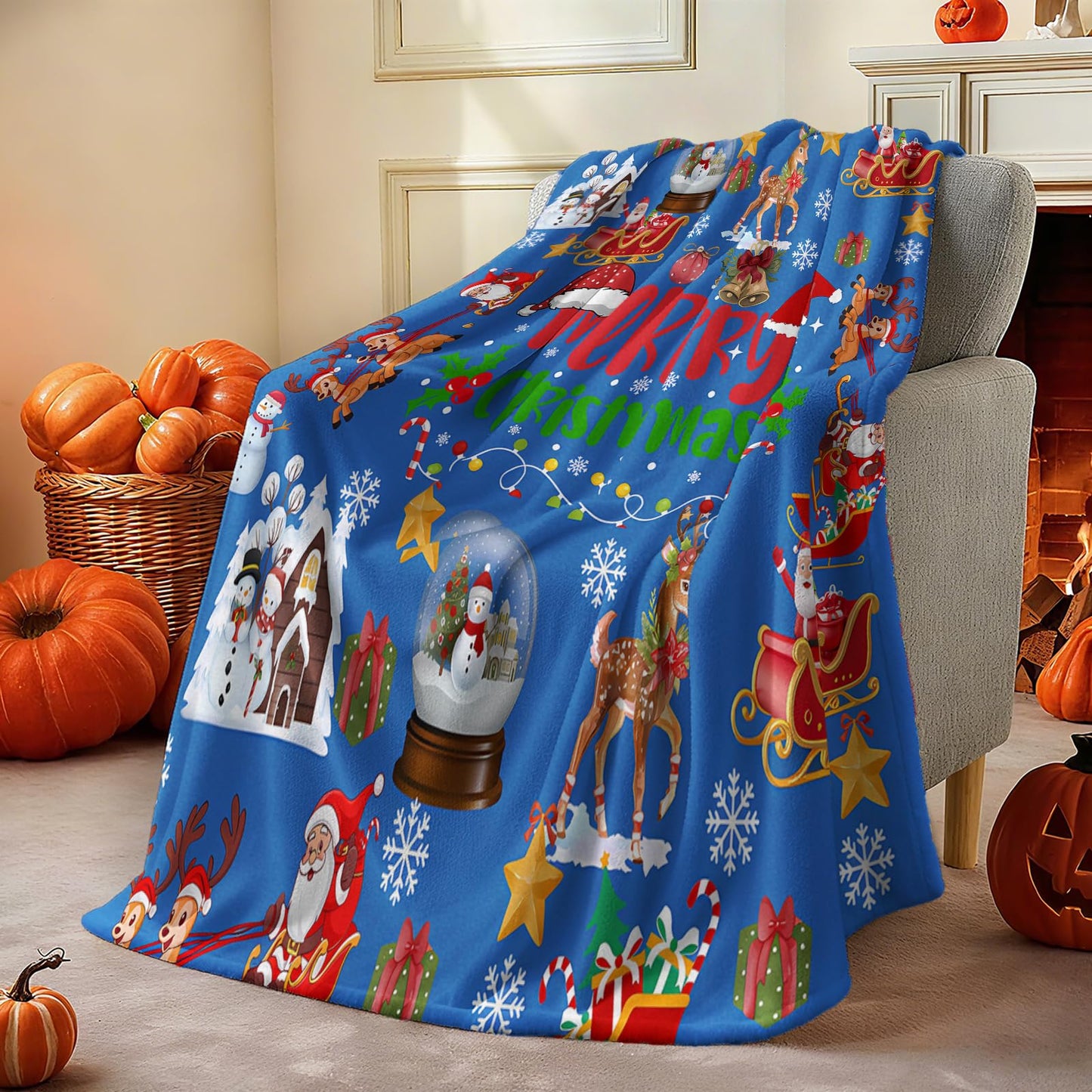 COMFAR Blue Cute Christmas Blankets and Throws for Adults/Women/Boys/Kids, Holiday Fleece Throw Blanket for Couch/Sofa, Holiday Decor, Christmas Decorations/Gifts 40"x 60"
