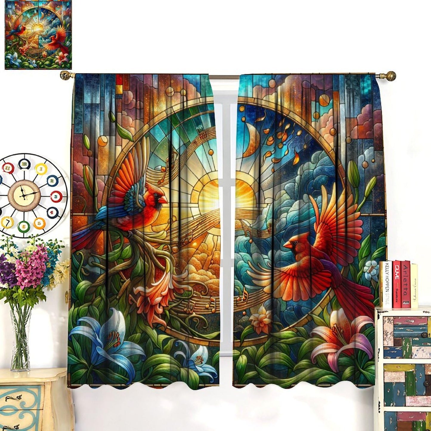 FengMingRui Cardinal Stained Glass Curtains Modern Art Flower Bird Note Dream Blackout Window Treatments for Kids Boys Girls Bedroom Living Room Window Drapes 42" W X 45" L