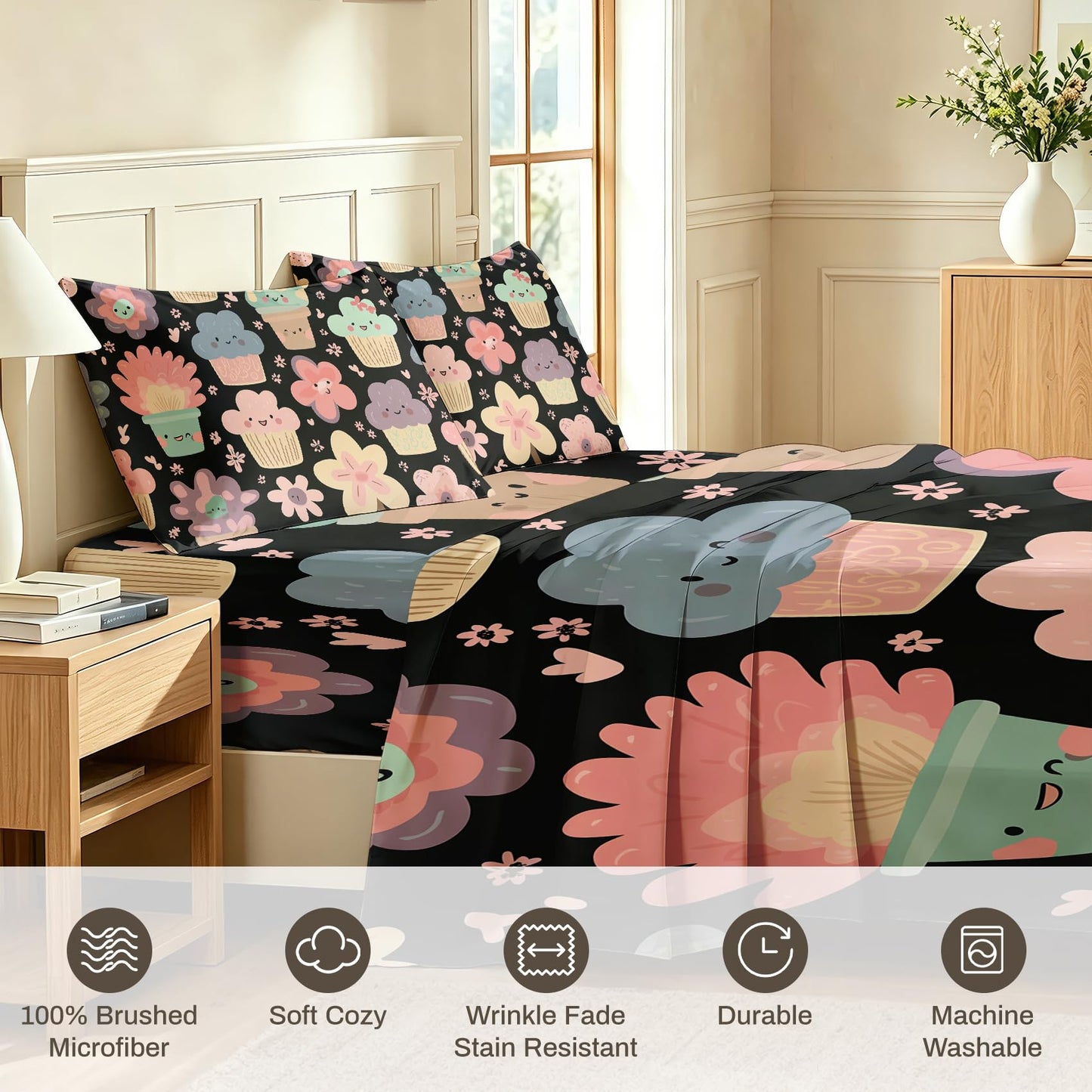Girls Flower Bedding Set 4 Pcs Kawaii Food King Sheets