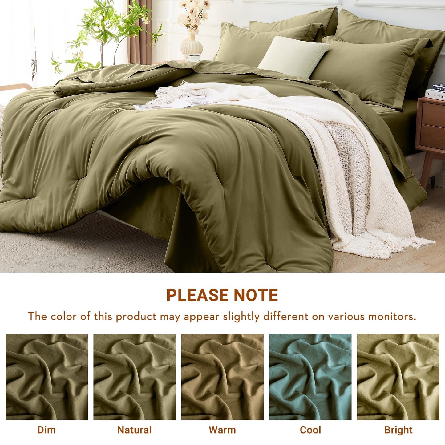 MUXHOMO 7 Pieces King Comforter Set, Soft Bed in a Bag King Size, All Season Bedding Set with Comforter, Flat Sheet, Fitted Sheet, Pillowcases & Shams, Olive Green