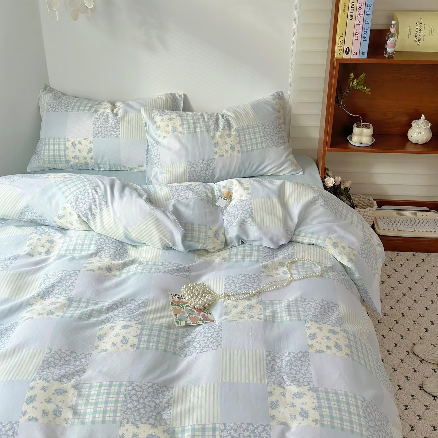 BuLuTu Luxury Muslin Cotton Duvet Cover Set Queen Size, Light Blue Striped Floral Duvet Covers Breathable Comfy Bedding Comforter Cover for Summer, Zipper Closure, Machine Wash