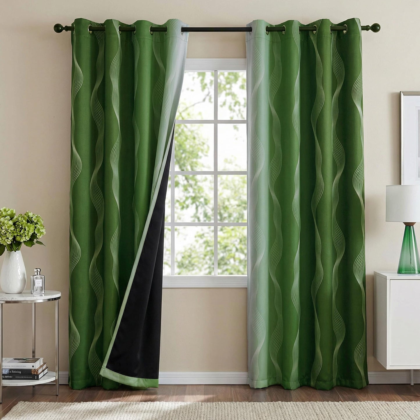 MYSKY HOME Green and Greyish White 95% Blackout Ombre Curtains 84 inch Long 2 Panels for Living Room Bedroom Geometric Patterned Black Out Thermal Insulated Wave Line Foil Grommet Drapes, 52" W