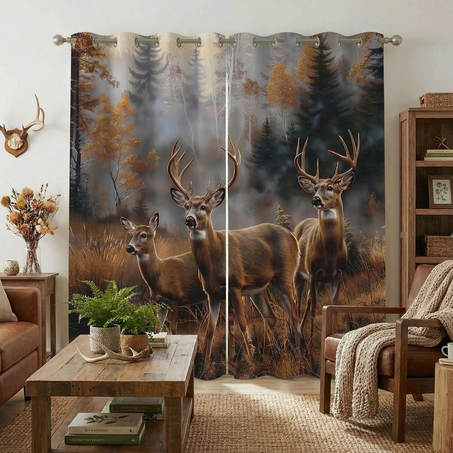 terxgrl Deer Blackout Curtains for Bedroom Living Room, Rustic Cabin Wildlife Whitetail Hunting Grommet Thermal Insulated Window Drapes, 42 x 45 Inch