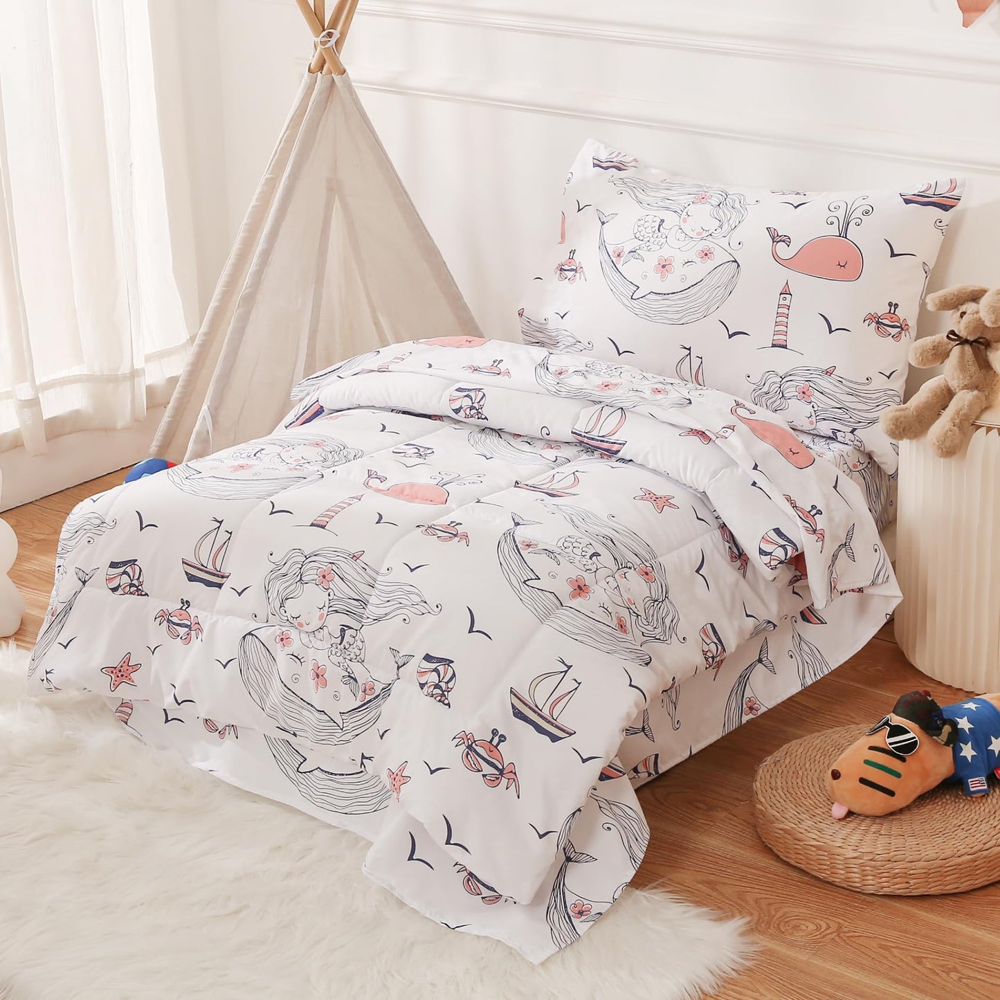 JSD Mermaid Toddler Bedding Set, 4 Piece Ocean Theme Bed-in-a-Bag Toddler Comforter Sheet Set, Machine Washable