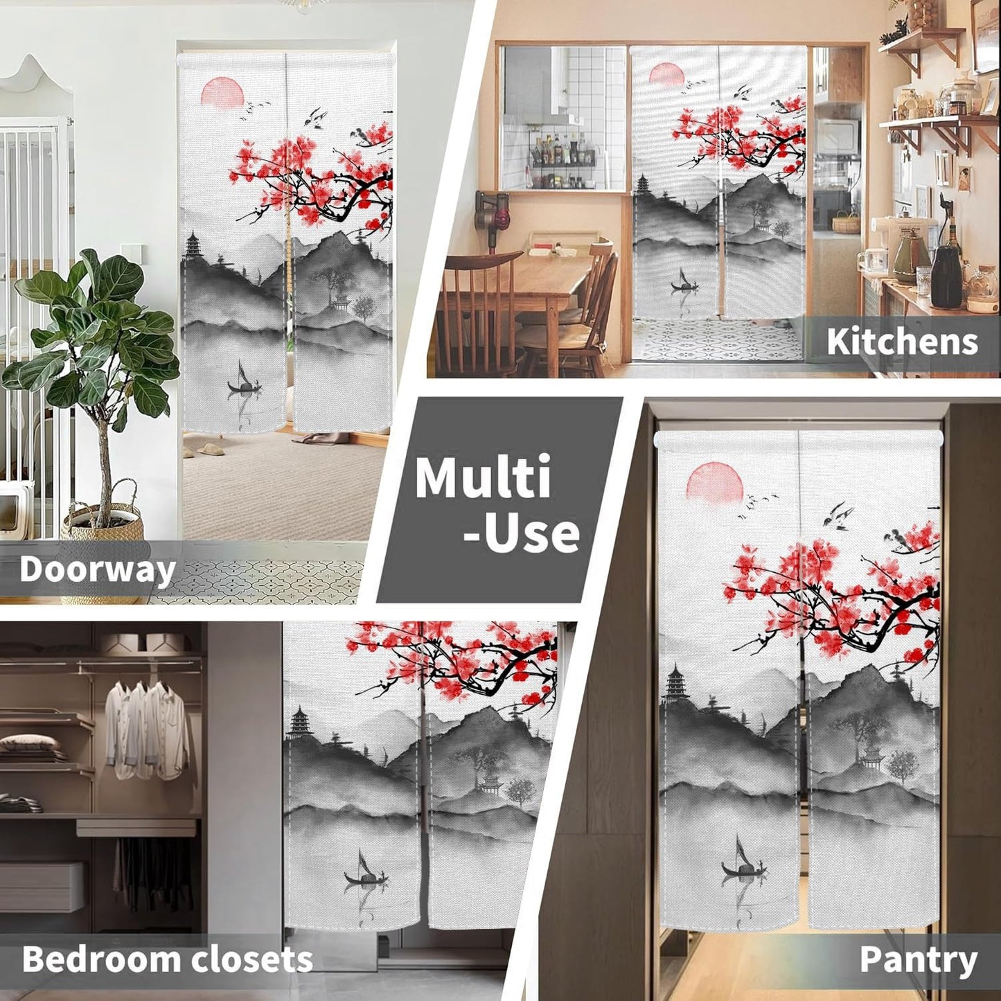 Leowefowa Japanese Noren Doorway Curtain Door Tapestry Traditional Chinese Cherry Blossoms Ink Mountain Painting Kitchen Door Curtains Hanging Room Divider Hallway Bathroom Home Decor, 33.5"x 70.9"