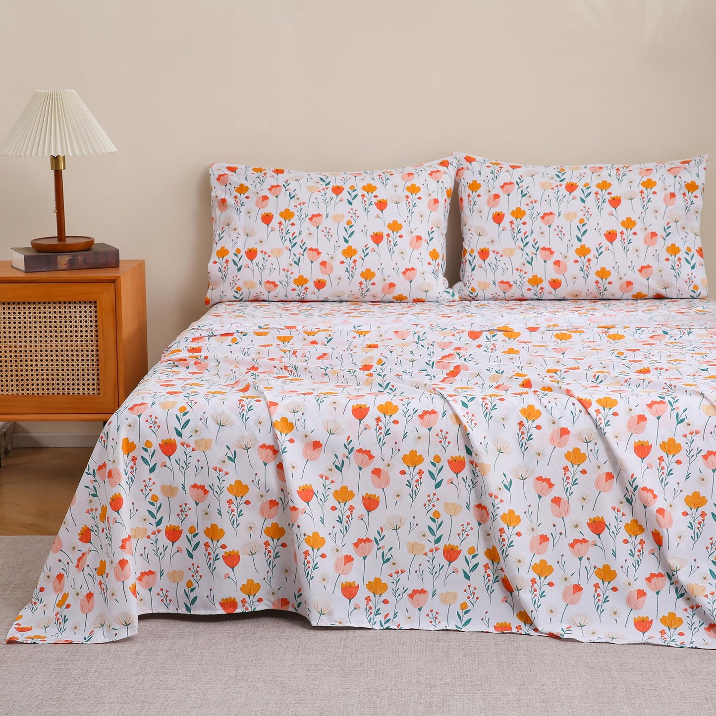 JSD Tulip Floral Sheet Set Queen Size, 4 Piece Spring Printed Microfiber Bed Sheets Deep Pocket