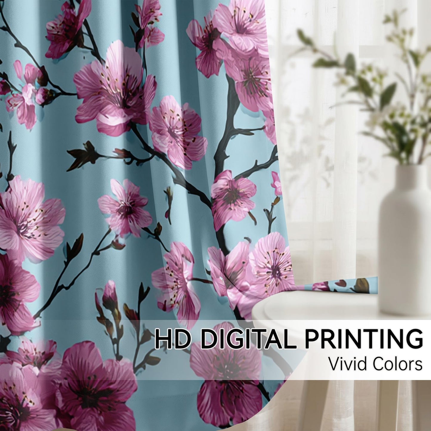 Mistwalk Cherry Blossom Curtains Blackout, 54 Inch Curtains for Bedroom & Living Room, Room Darkening Thermal Insulated Grommet Drapes, Girls Pink and Purple Floral Patterned Window Treatments