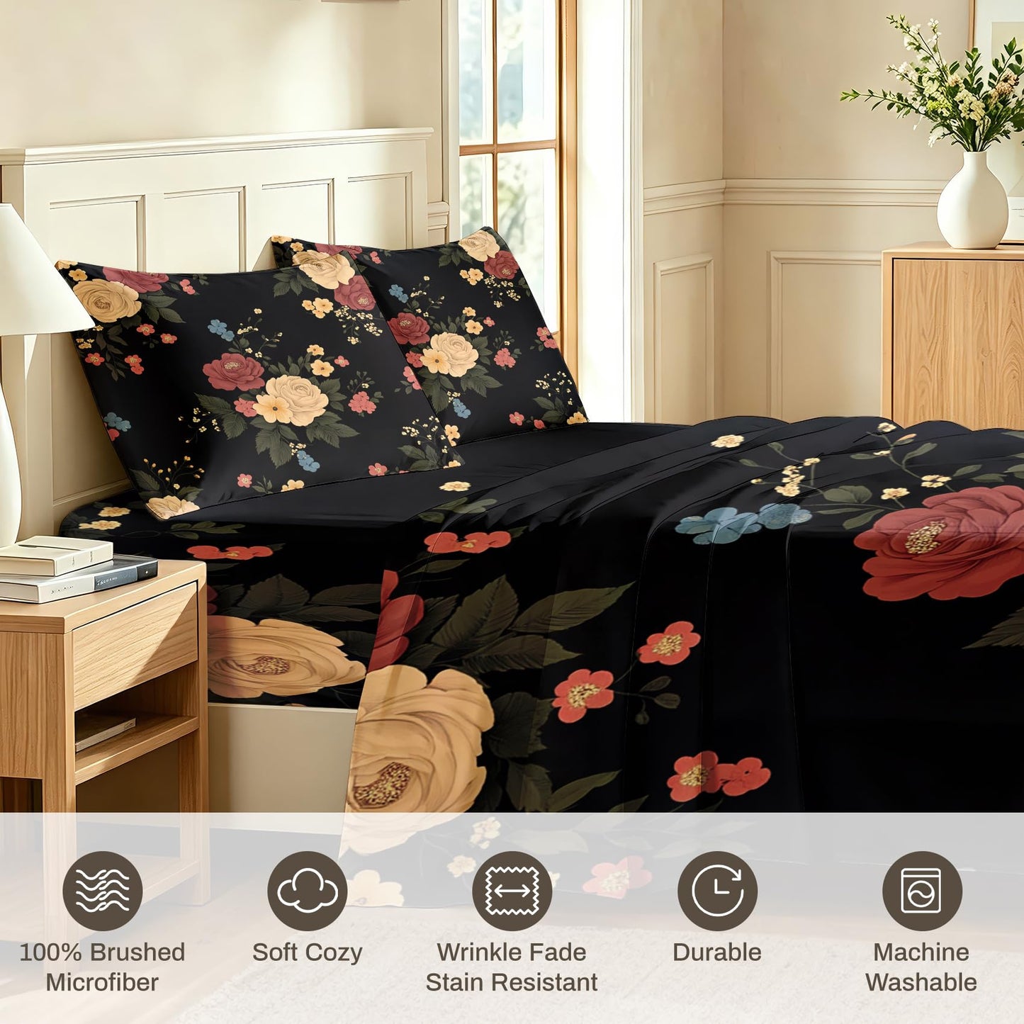 Peony Floral Bedding Set 4 Pcs Flowers Queen Sheets