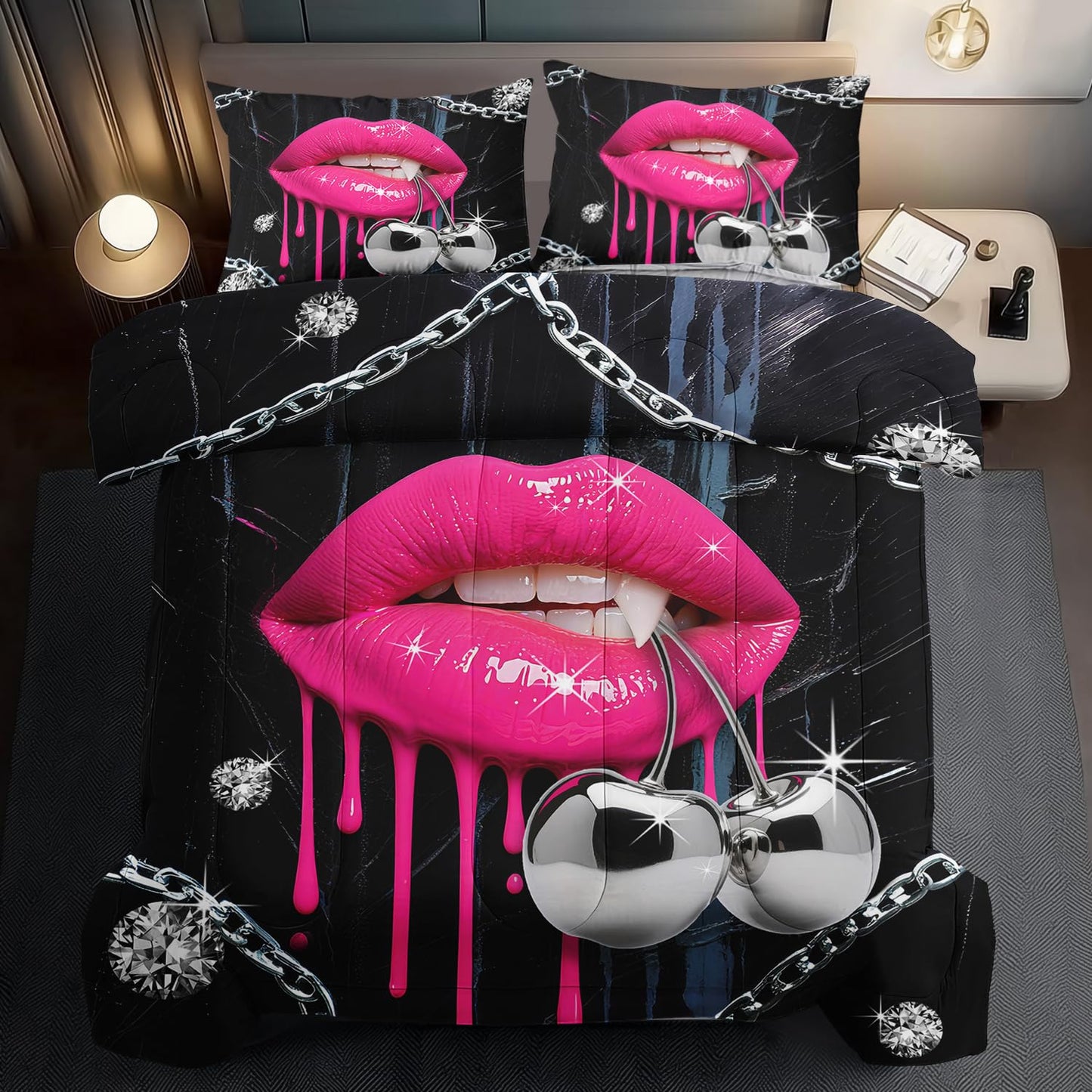 llyxsesty Pink Lips Comforter Set Queen Girls Goth Fashion Comforter Set Couple Black Goth Bedding for Women Vampire Bedding for Home Girls Vampire Bedroom Decor Elegant Home Decor