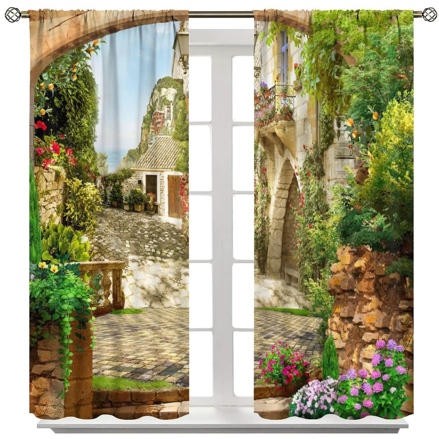 Italy Natural Scenery Curtains,Country Old Stone Arch Garden View Vintage Style Room Darkening Window Drapes for Living Room Bedroom Dining Room W42xL45in