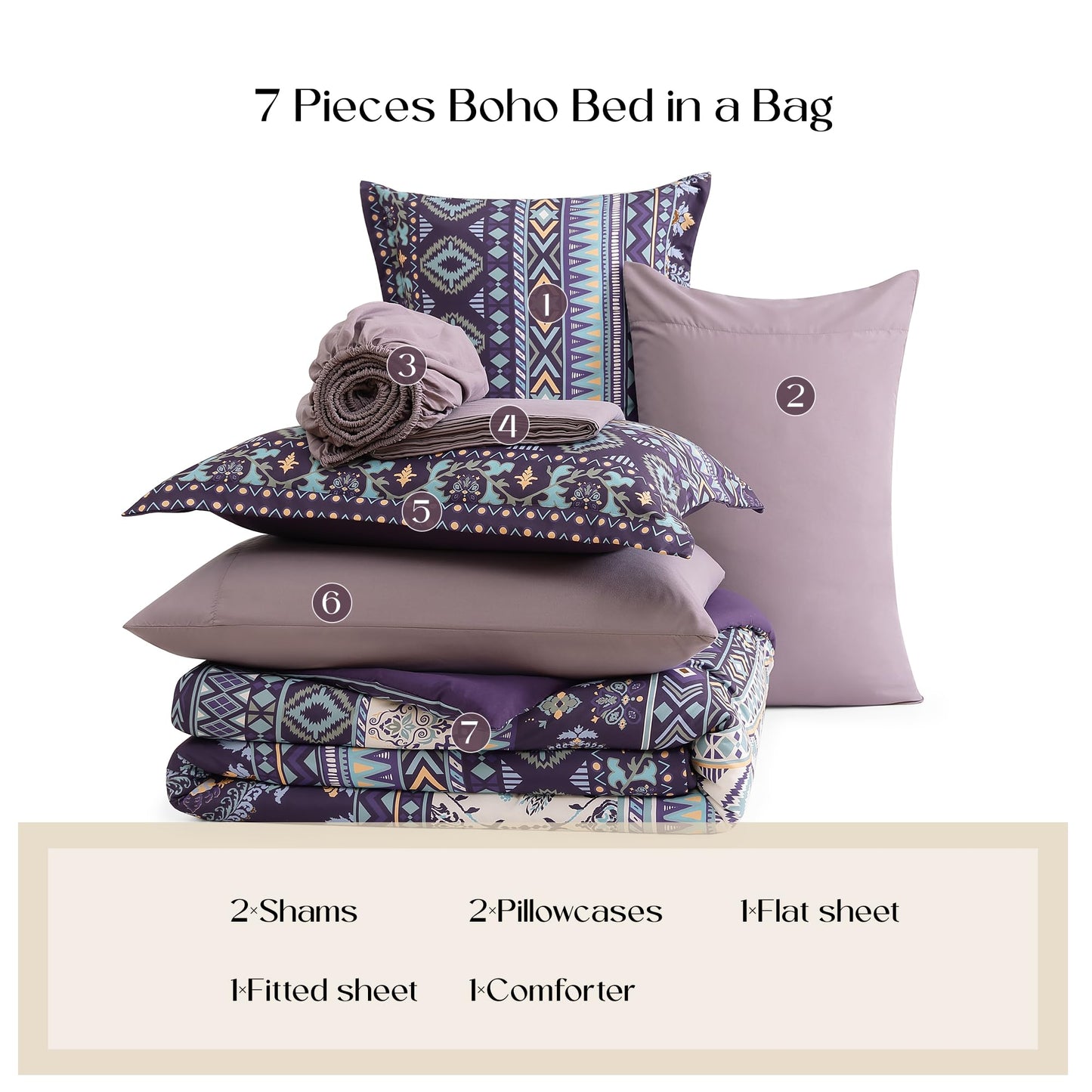Geniospin Queen Comforter Set - 7 Pieces Bedding Set, Boho Bed in A Bag, Lightweight Soft Aztec Bedding, All Season Bed Comforter Set with Sheets, Pillowcases & Shams