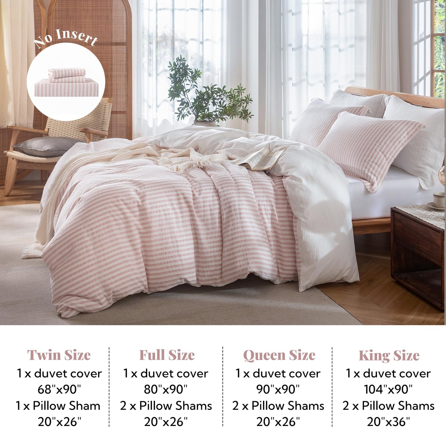 MILDLY Pink Striped Duvet Cover - 100% Washed Cotton Boho Jacquard Textured Comforter Cover Set 3pcs with Dual Zipper Closure & 8 Corner Ties Soft & Lightweight for All Season 90"x90"