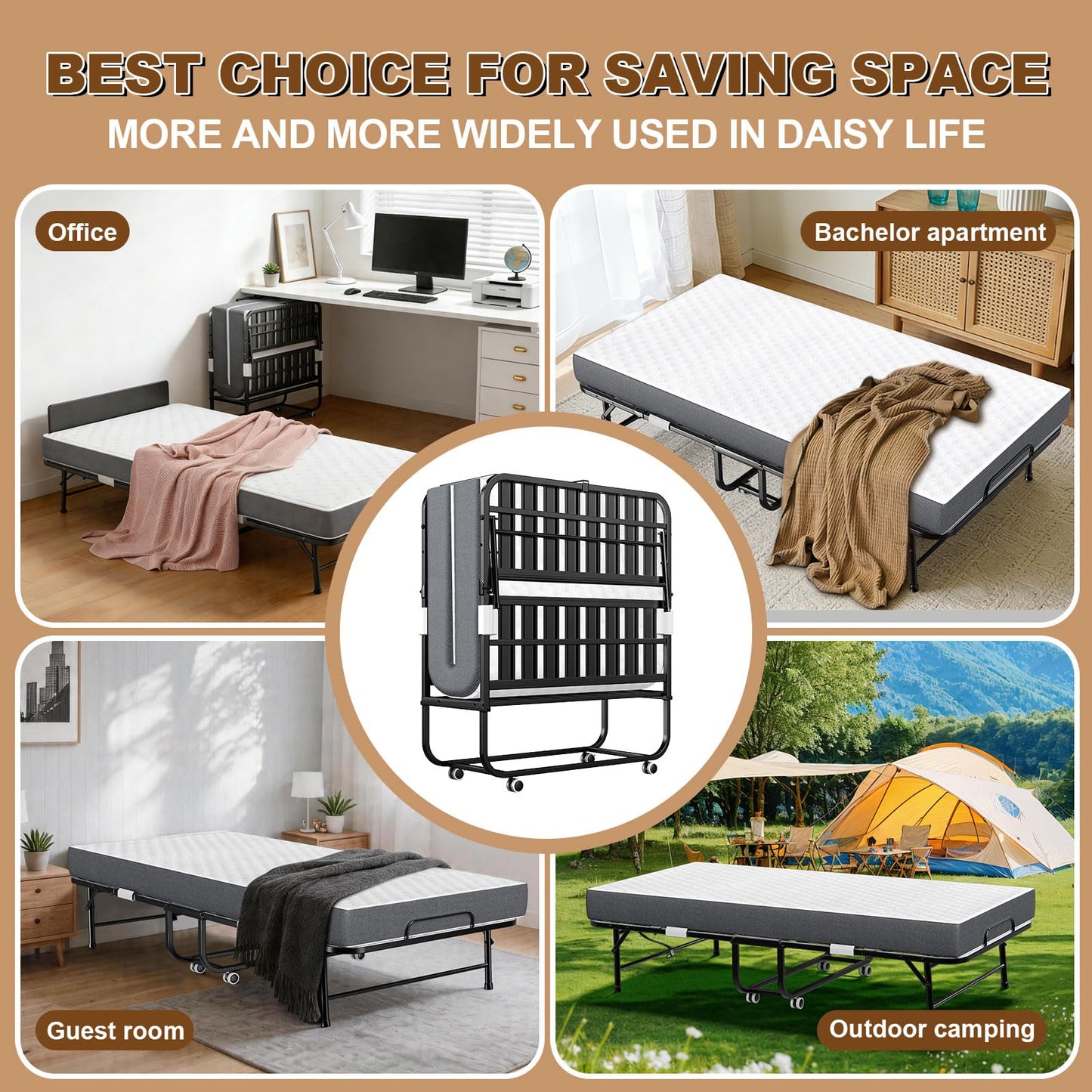 FYYXTEE Folding Bed with Memory Mattress, Twin Portable Roll Away Guest Cot with Wheels, Widened Grid Support Frame for Adults, Space-Saving for Office, Room, Basement, Small Apartment, 75" x 38"