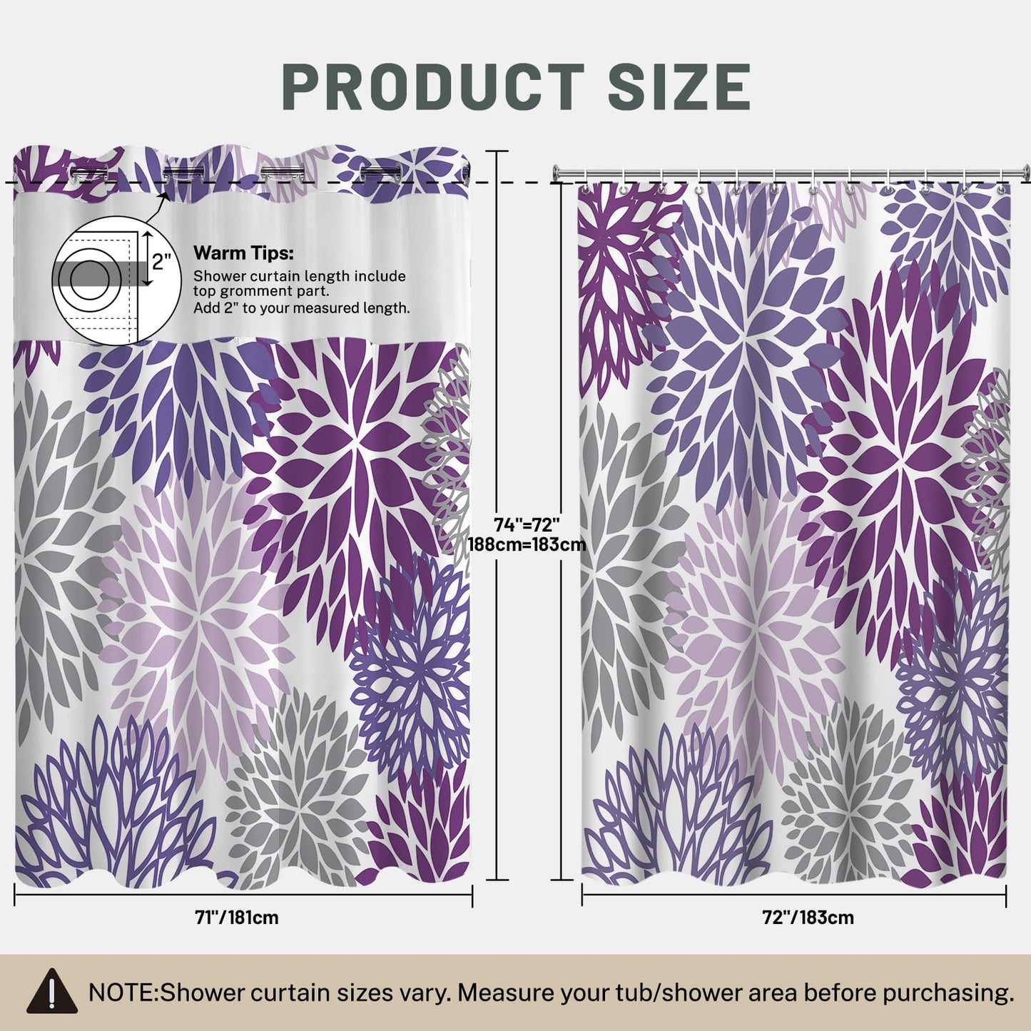 WITHLOC No Hook Shower Curtain with Snap in Liner, Removable Liner Water Repellent, Easy Install & Machine Washable, Hotel Style Bathroom Watercolor Floral Curtain, Purple, 71" W x 74" L