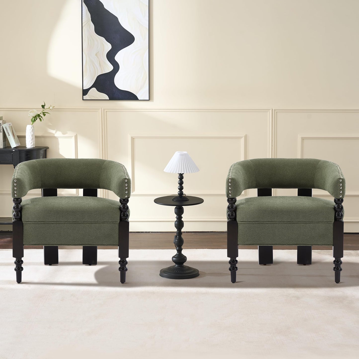 LOULENS Barrel Accent Chair for Living Room | Vintage Linen Upholstered Lounge Chair with Solid Wood Legs, Armchair for Bedroom, Reception Room & Reading Nook, Dark Green