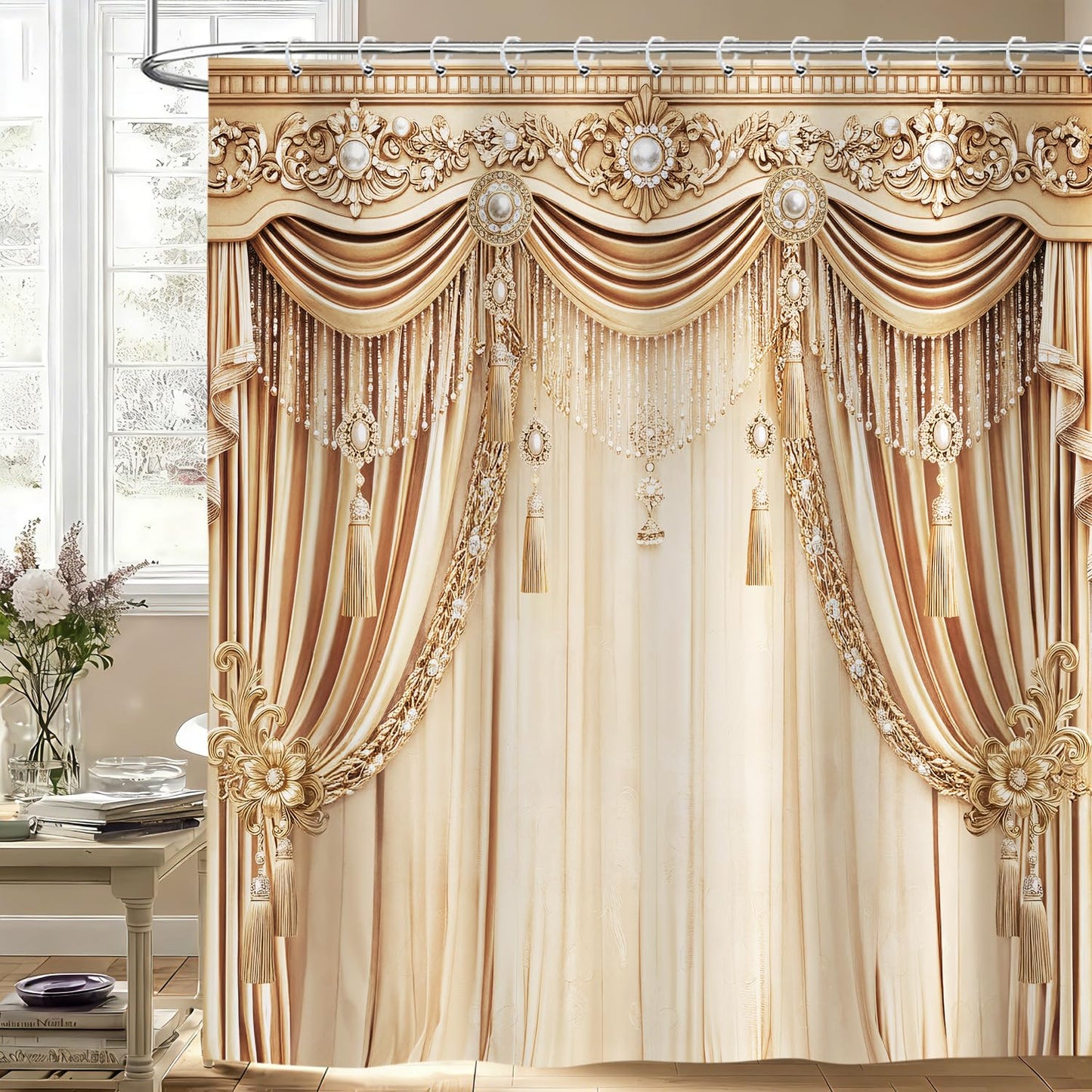Brystan Gold Luxury Shower Curtain, Elegant Funky Champagne Modern European Style Shower Curtains Set, Vintage Ornate Aesthetic Shower Curtains for Bathroom Polyester Fabric with Hooks 72X72IN