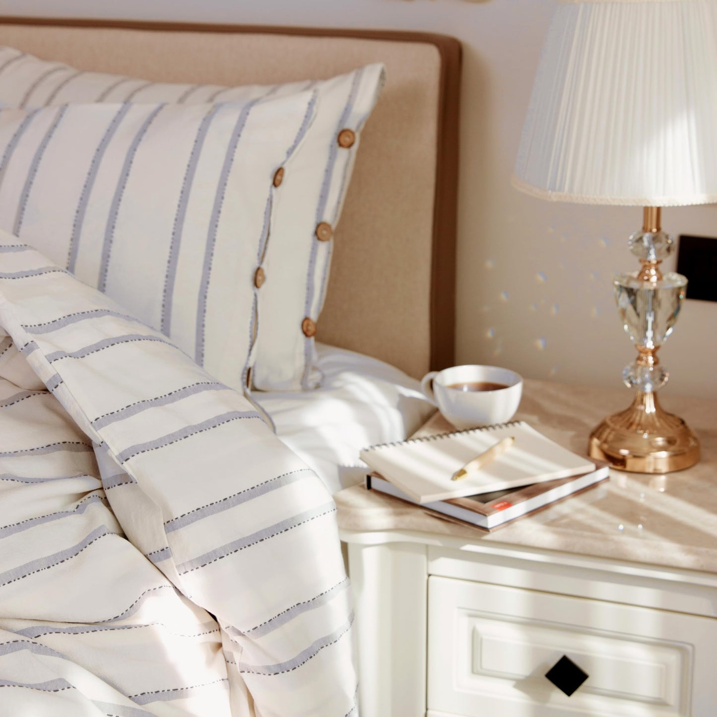 Lavien Home, 100% Cotton Duvet Cover Set, Striped with Stitch Pattern Queen Size, 3-Piece Linen Like and Washed Natural Turkish Cotton Bedding, Antique White (Hiera, Queen 90”x90”)