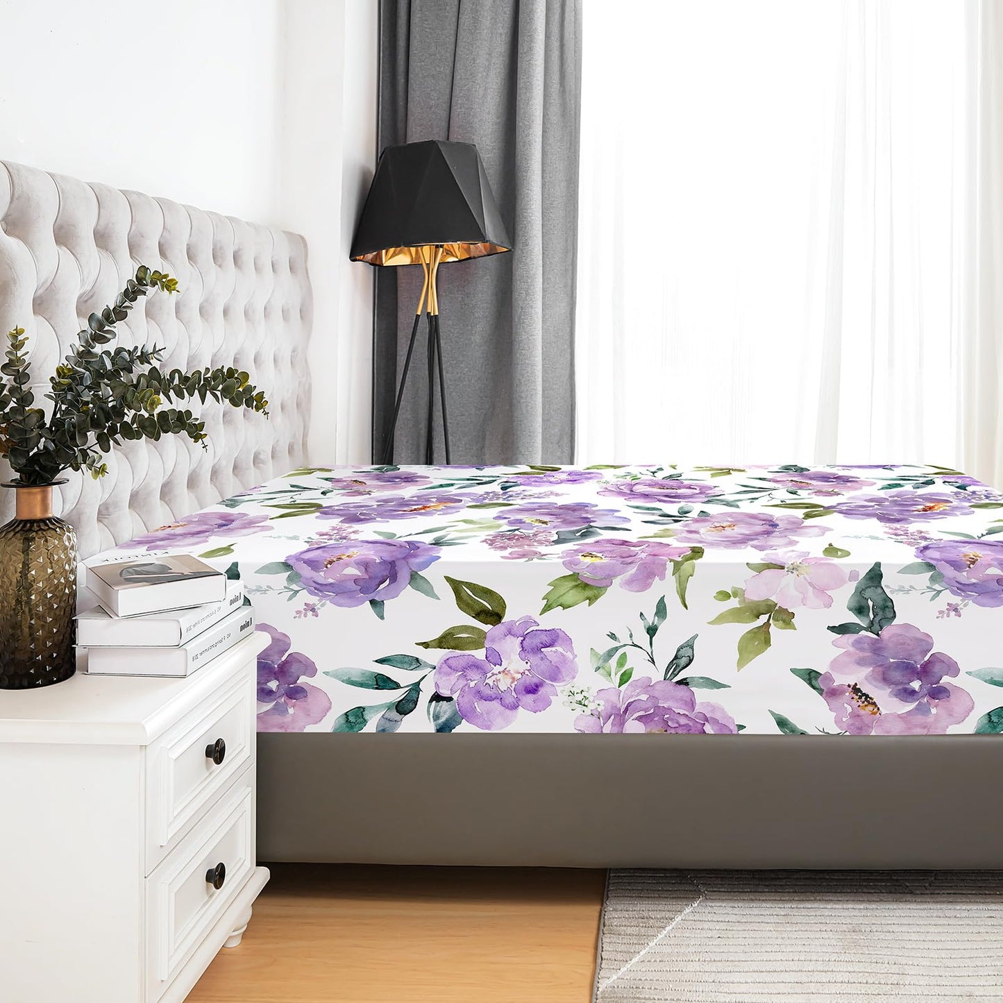YIYEA Floral Fitted Sheet Only, Premium Double Brushed Microfiber Deep Pocket Fitted Sheet Queen Size, Ultra Soft Fitted Bottom Sheet, Shrinkage, Fade Resistant, Queen