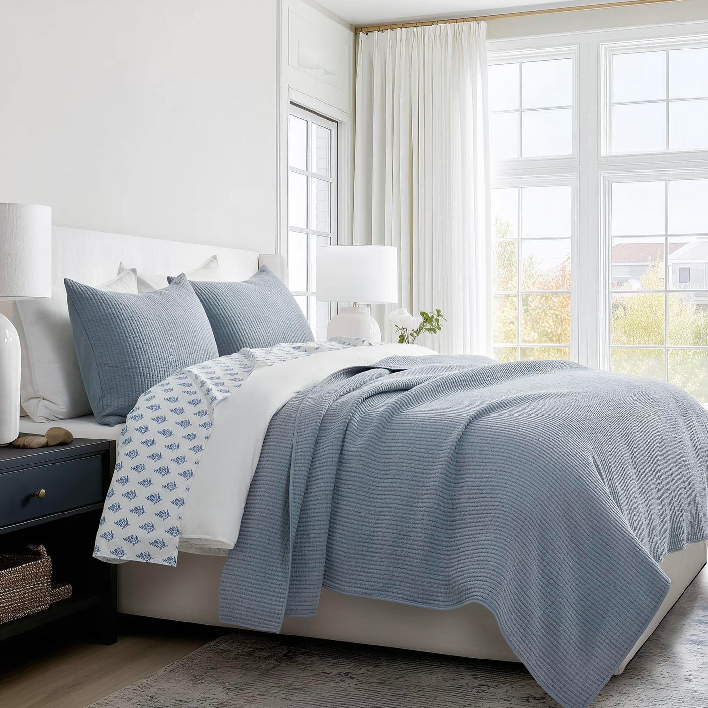 EVERGRACEHOME Cotton Coverlet Set Full Queen Size 3 Pieces, Lightweight Soft Ribbed Matelassé Bedspread Quilt Set, Cozy Oversized Quilted Bedding Set with 2 Pillow Shams for All Seasons, Blue Linen