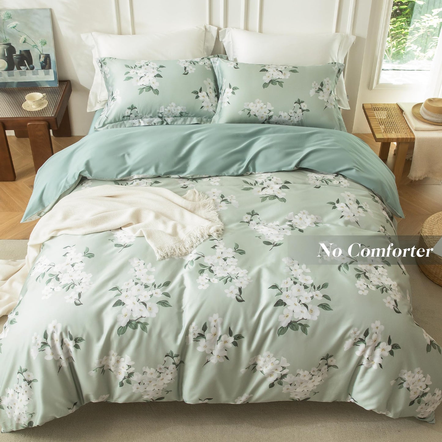 MILDLY Queen Size Duvet Cover Set 100% Long-Staple Cotton Luxury Sage Green Floral Patten Reversible Comforter Cover Set 3Pcs