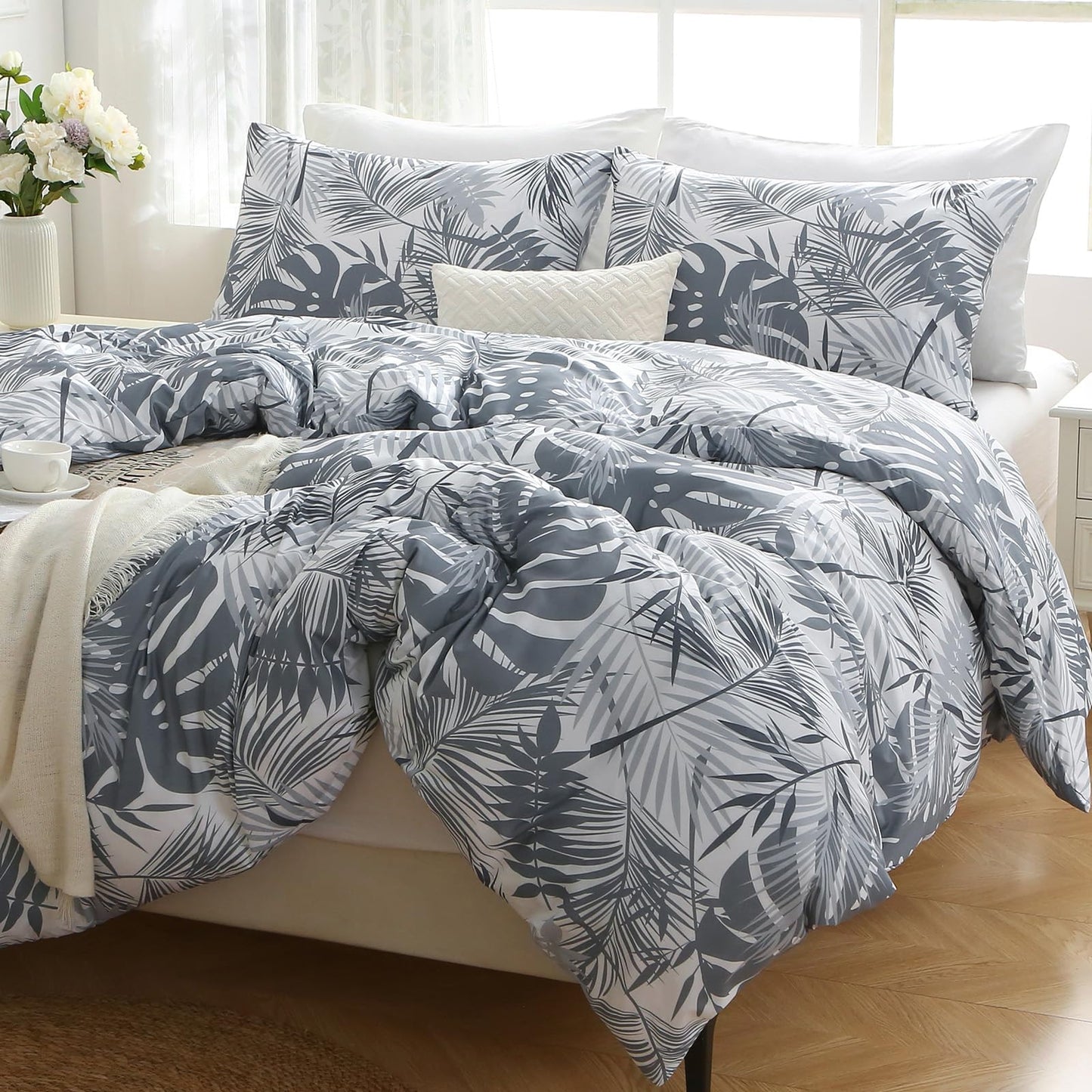 MUXHOMO Duvet Cover Queen Size, Reversible Floral Black & Grey Duvet Cover Set with Zipper Closure, 3 Pieces Botanical Patterns Soft Microfiber Bedding Set with 4 Ties (90"x90", 2 Pillow Cases) US