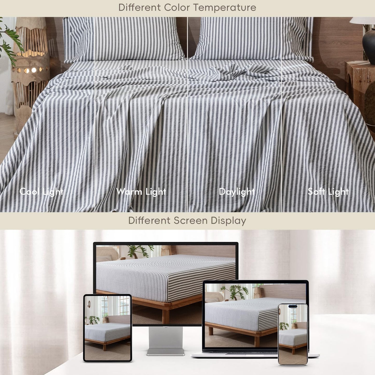 MooMee Striped Fitted Bottom Sheet Only 100% Washed Cotton Linen Like Textured Breathable Durable Soft Comfy Deep Pocket Fits Mattress up to 17" (Dark Grey White Classic Stripes, Queen)