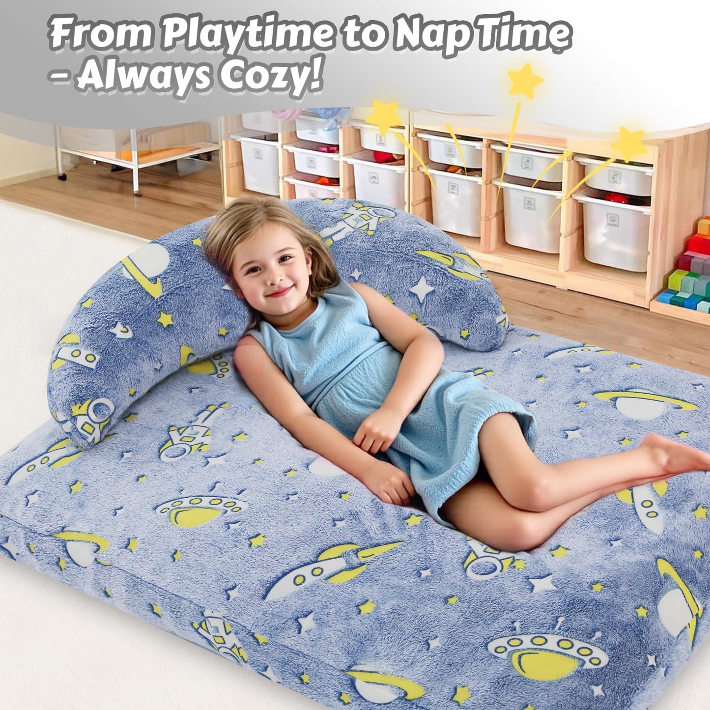 COMAX Bean Bag Chair for Kids, Dinosaur Convertible Toddler Beanbag Bed, Children Bean Chair Stuffed to Floor Mattress with Filler, Blue Universe