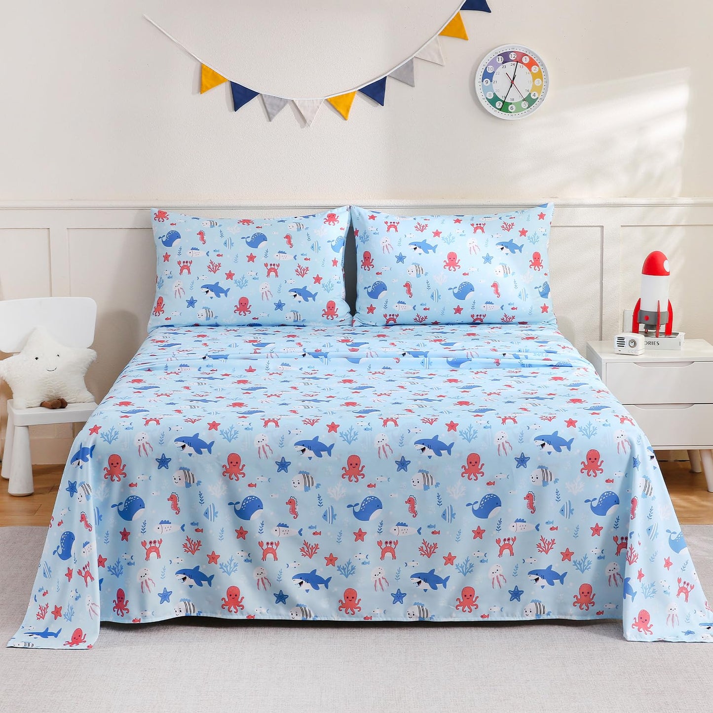 ChicView Queen Sheet Set Kids,4 Pieces Breathable Soft Microfiber Bedsheets for Child Boys Girls, Anti Pilling Deep Pockets Easy Care Bed Sheets, Ocean Animals
