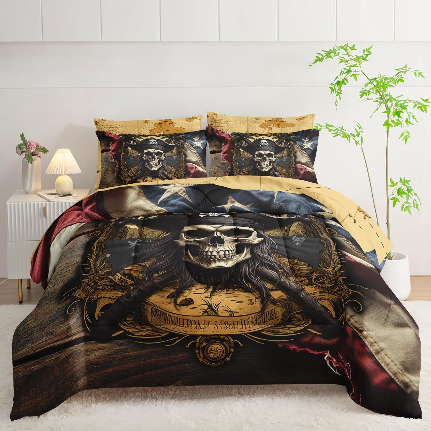 AILONEN Pirate Skull Comforter Set Queen Size,7-Piece Soft Bed in a Bag,Retro American Flag Captain Skull Comforter & Fitted Sheet & Flat Sheet & 2 Pillowcases,2 Pillow Shams