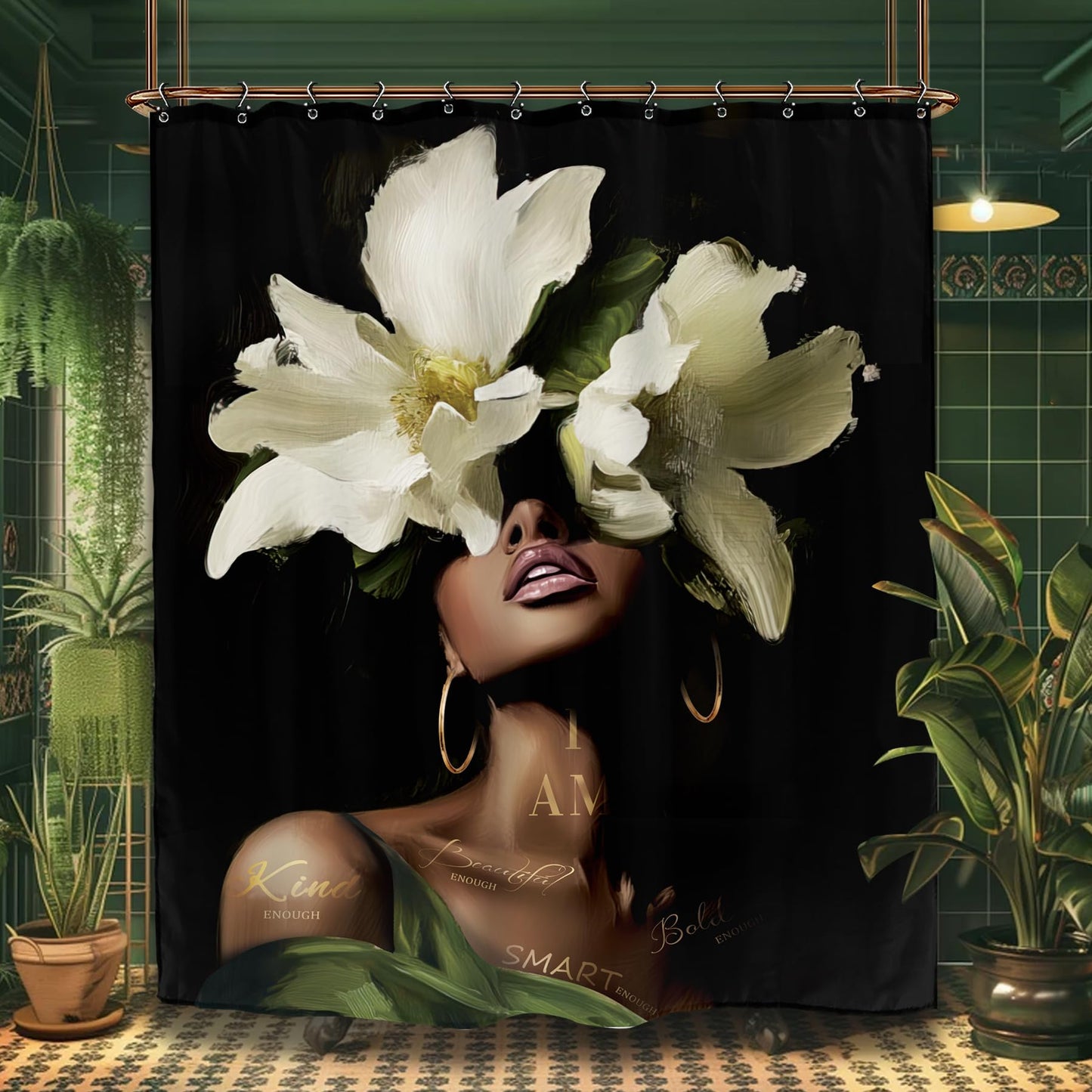Yookeb African American Bathroom Shower Curtain 60W by 71H Inch Black Woman Girl Sexy Inspirational Motivational Positive Olive Green Polyester Fabric 12 Plastic Hooks Waterproof Decor