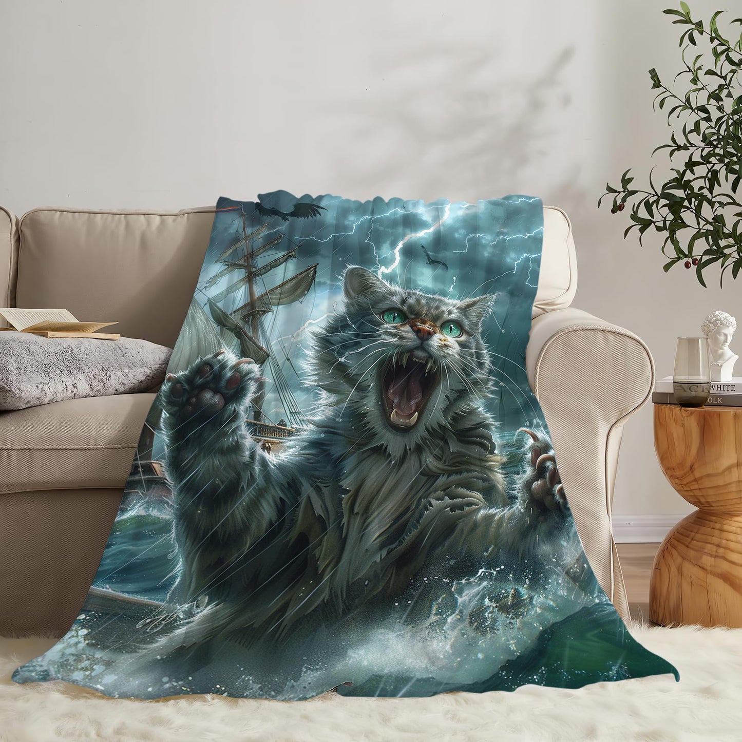 Funny Cat Blanket Nautical Boat Throw Blanket Ocean Gifts and Decor Cat Blanket for Girls Boys Women Men Kids Adults Soft Warm Cozy Fleece Blanket for Couch Sofa Bed 50"x40"