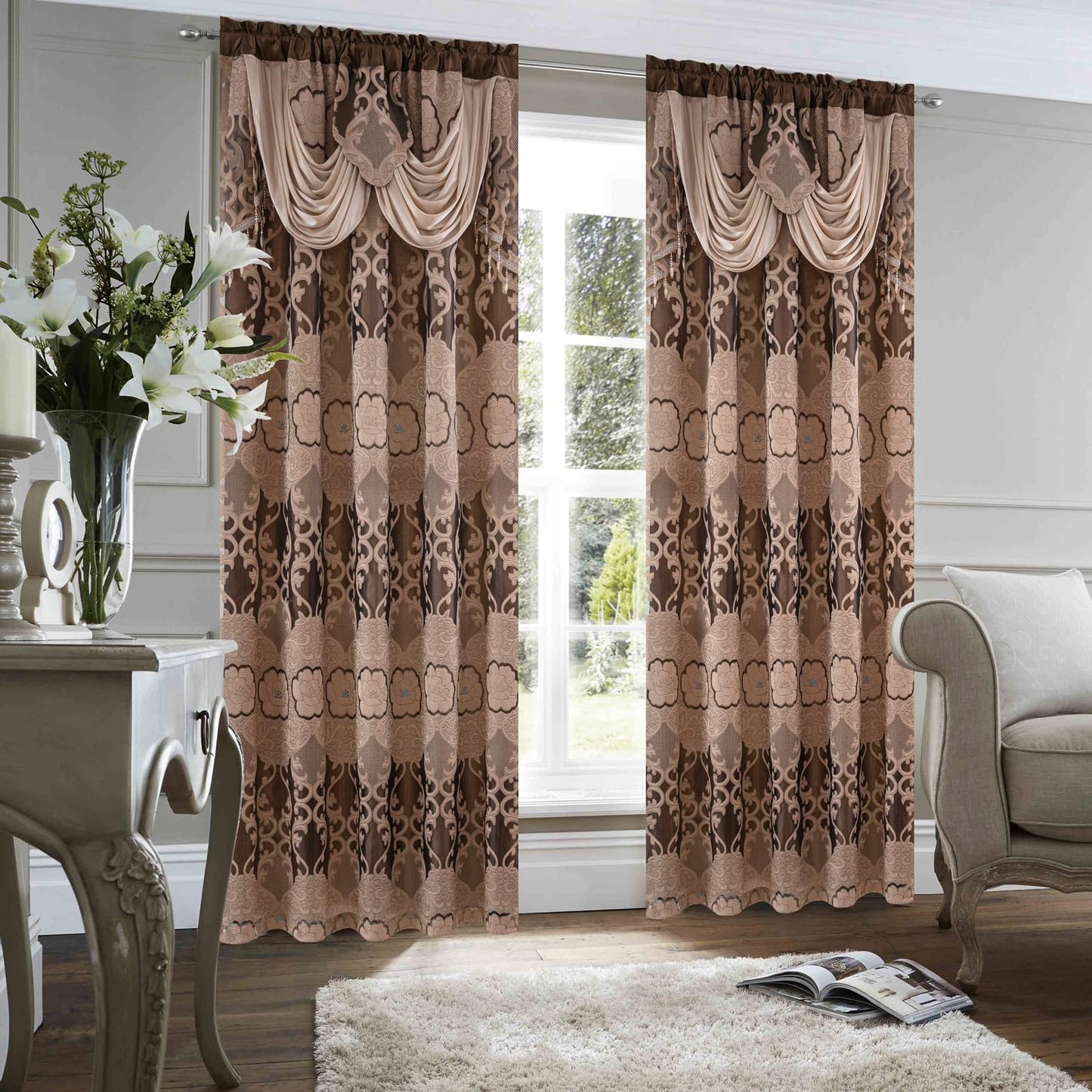 Petrichor Taupe Sheer Jacquard Voile Curtains (54" W x 63" L), 2 Panels with Attached Valance, Double Layer Floral Cutwork Design with Luxurious Texture, Rod Pocket, for Bedroom & Living Room