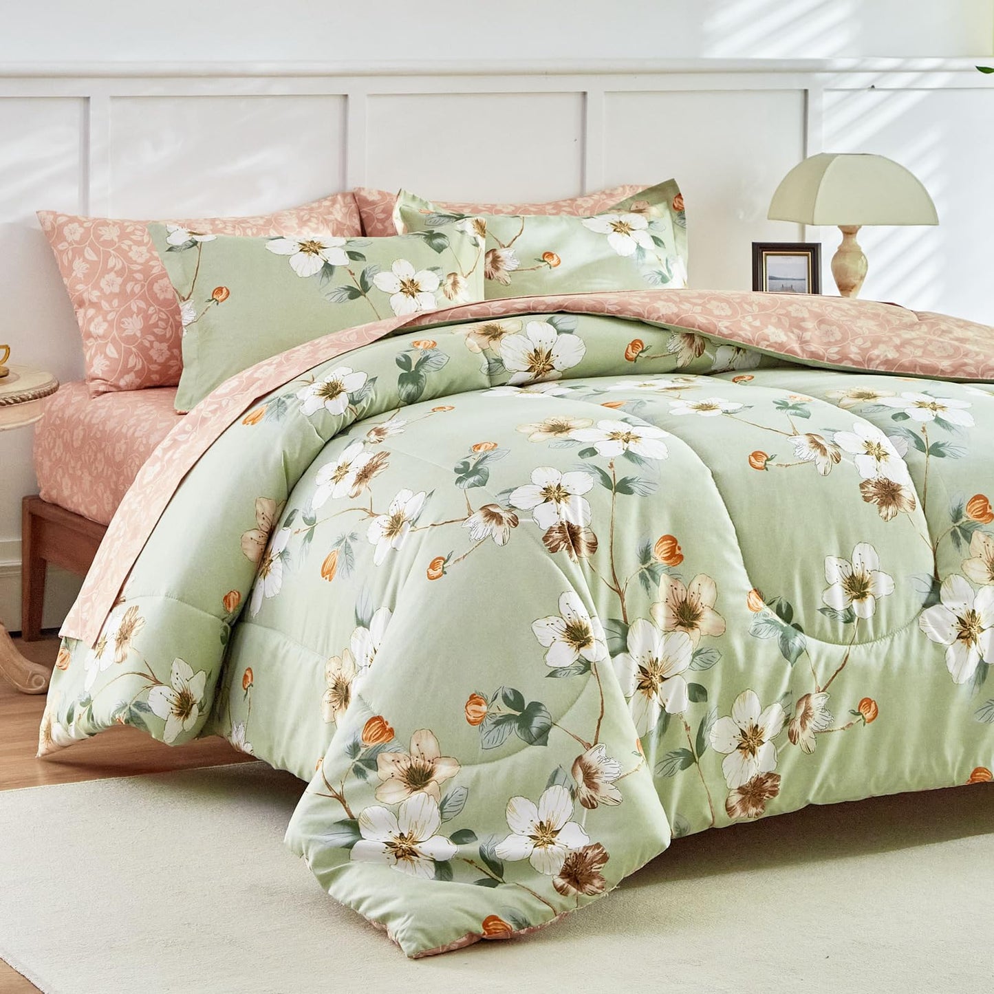 AIKASY 7 Piece Floral Comforter Set King Size - Soft Microfiber Bed in a Bag with Sheet Set for All Seasons - Green Flower Botanical Design - Reversible Bedding Set