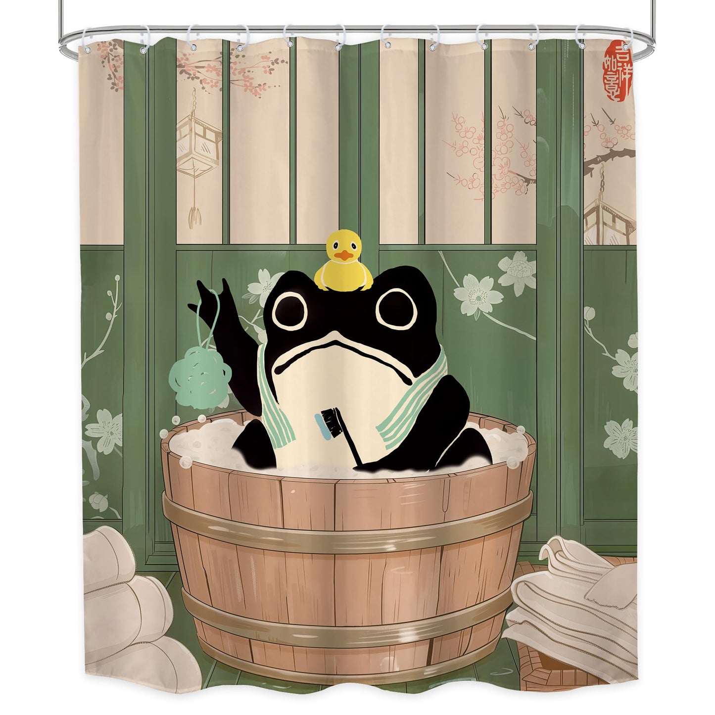 LGhtyro Funny Frog Shower Curtain Bathroom Set 60Wx71H Inches Traditional Japanese Cute Animal Cherry Blossom Kwaii Rustic Green Board Bath Accessories Rustic Retro Art Home Decor Fabric 12 Pack Hooks