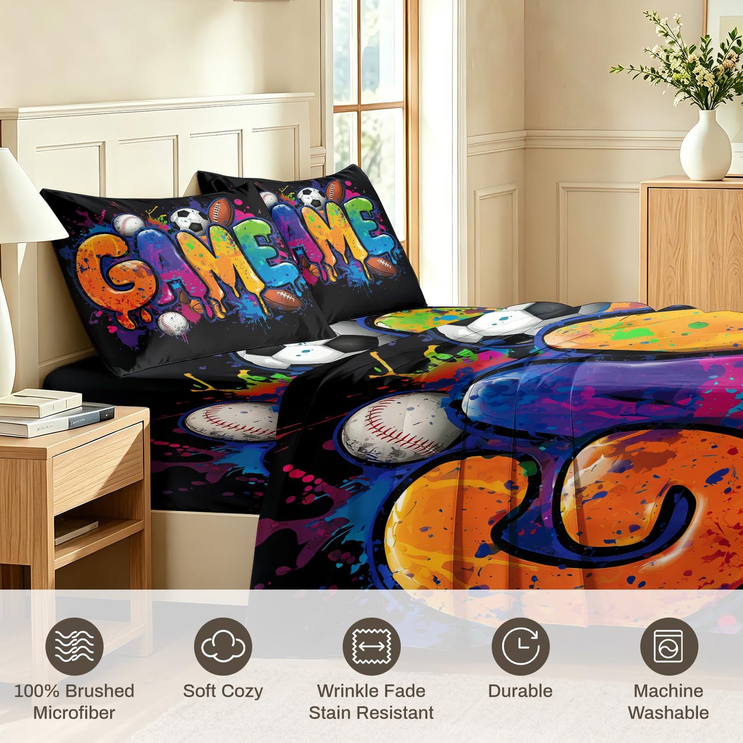 Ball Sports King Sheet Set 4 Pcs Graffiti Game Bed Sheets, Black Blue