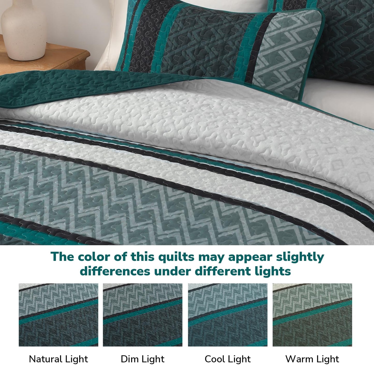 Dinjoy Boho Quilt Set King, Soft 3 Pieces Striped Bedspreads, Dark Green Bedding Sets Micofiber Lightweight Quilts with 2 Pillow Shams Coverlet Bed Sets for Women Men 110''x90''